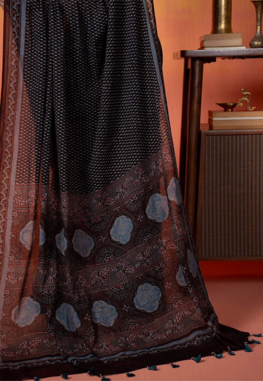 Black Mug Butti Ajrakh Hand Block Print Mul Saree
