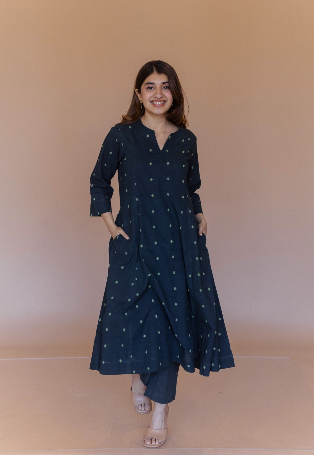 Malika Green Dabu Cotton Kali Kurta