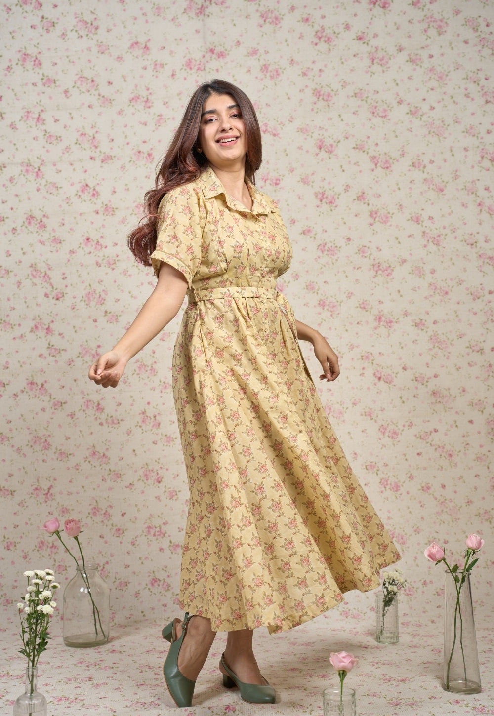 Zoe Yellow Sanganeri Mul Cotton A Line Dress