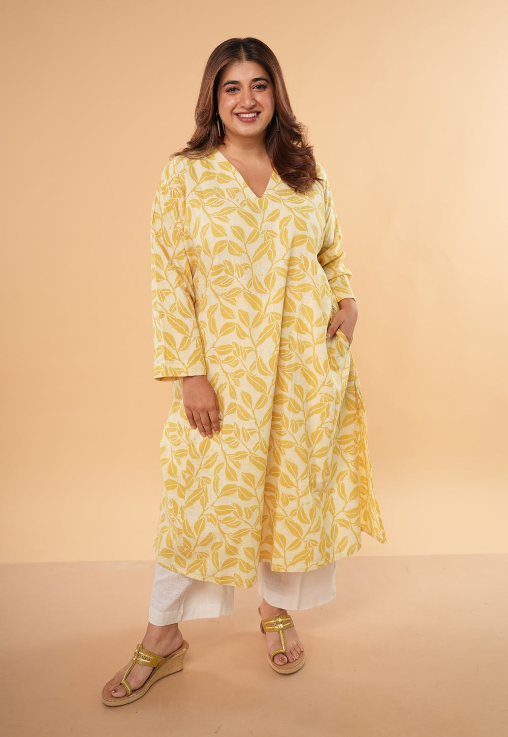 Ritika Yellow Hand Block Print Slub Cotton Jhabbha Kali Kurta with Dupatta