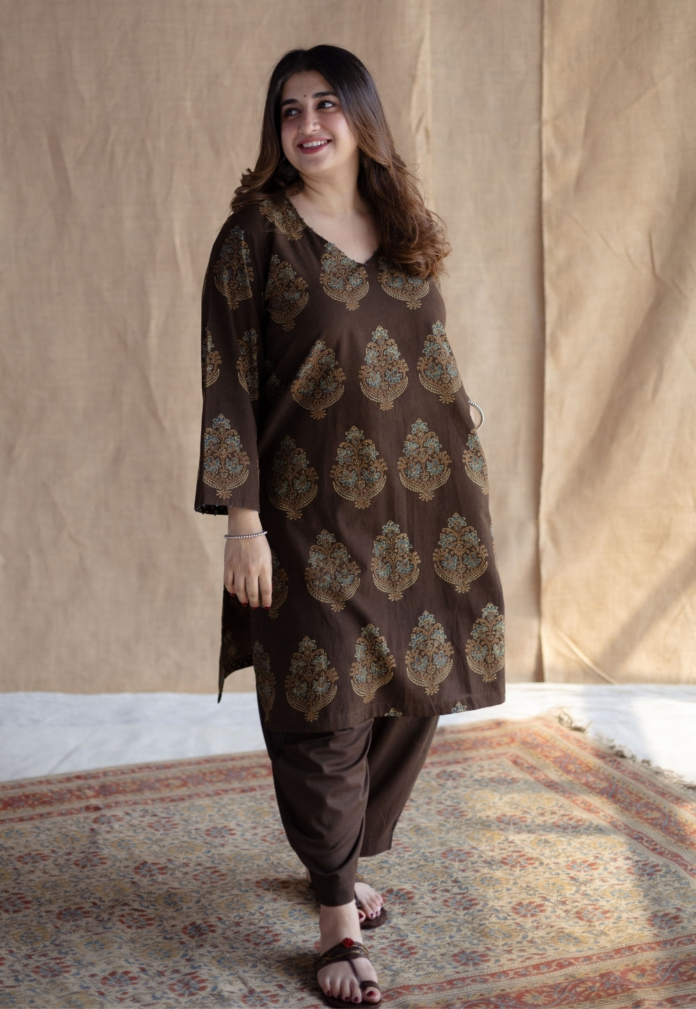 Juhi Brown Ajrakh Cotton Straight Kurta with Hand Embroidery