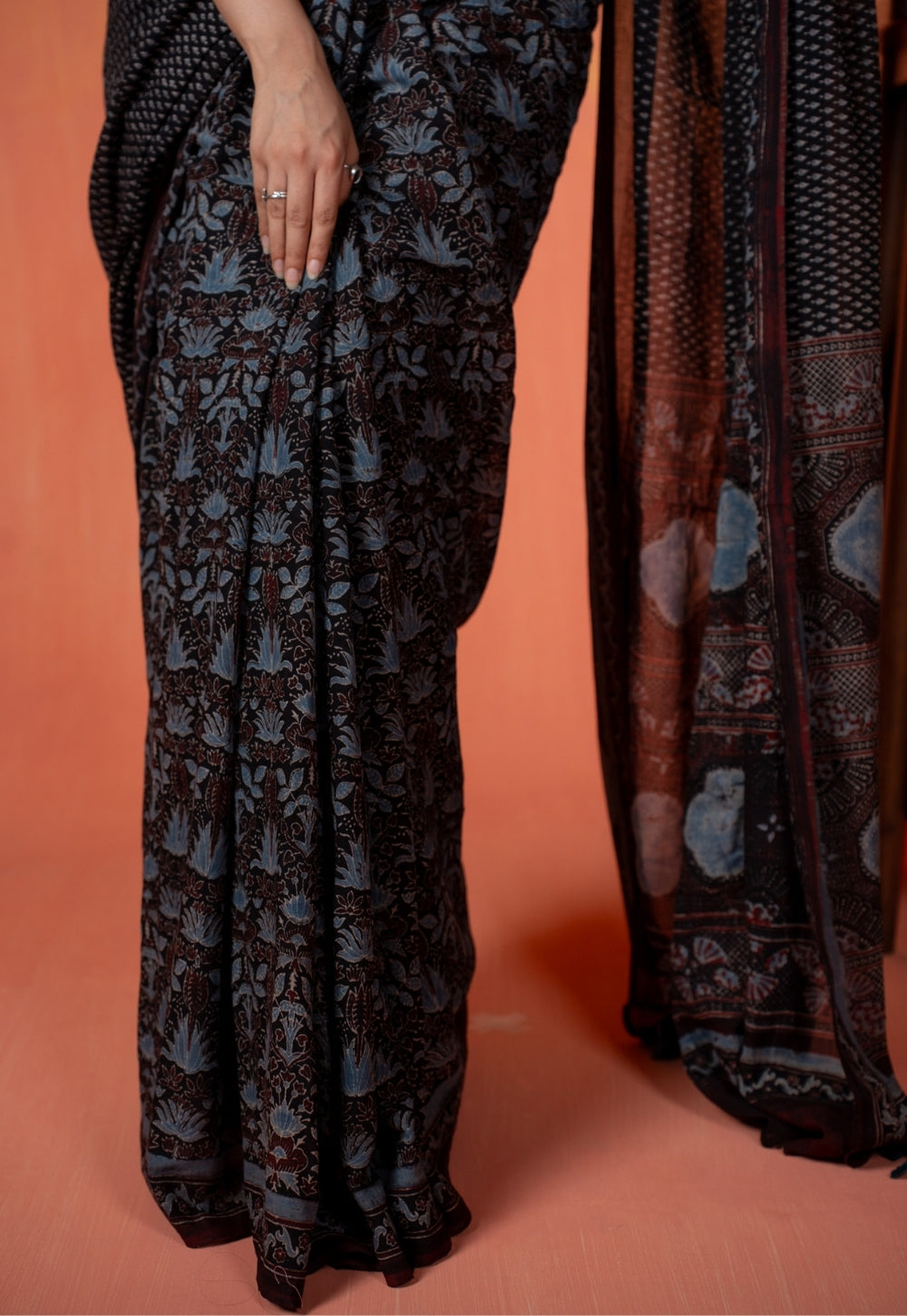 Black Mug Butti Ajrakh Hand Block Print Mul Saree