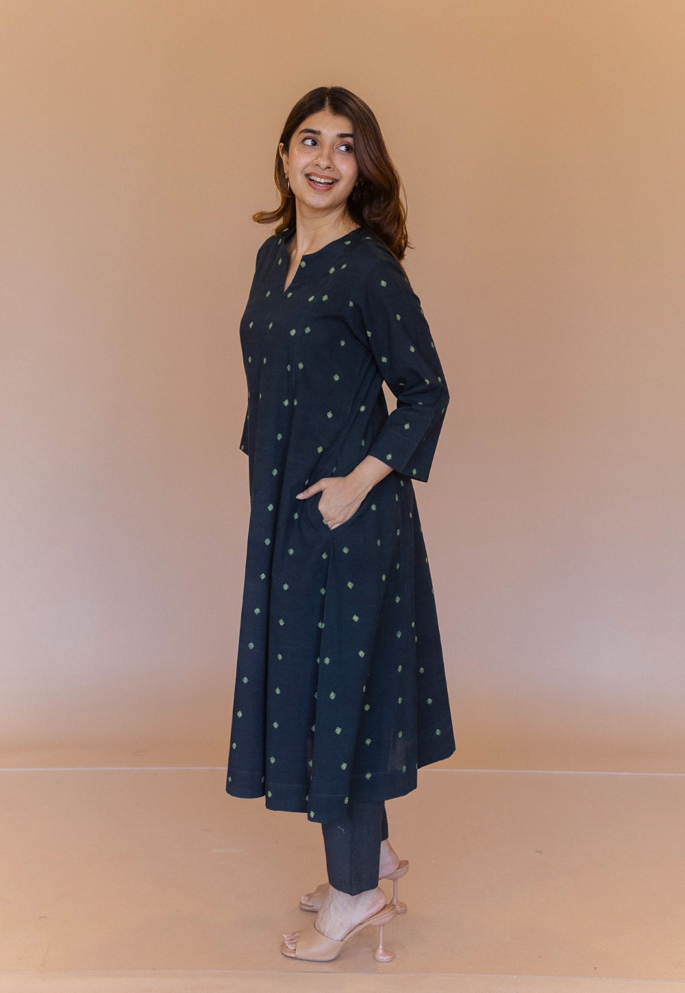 Malika Green Dabu Cotton Kali Kurta