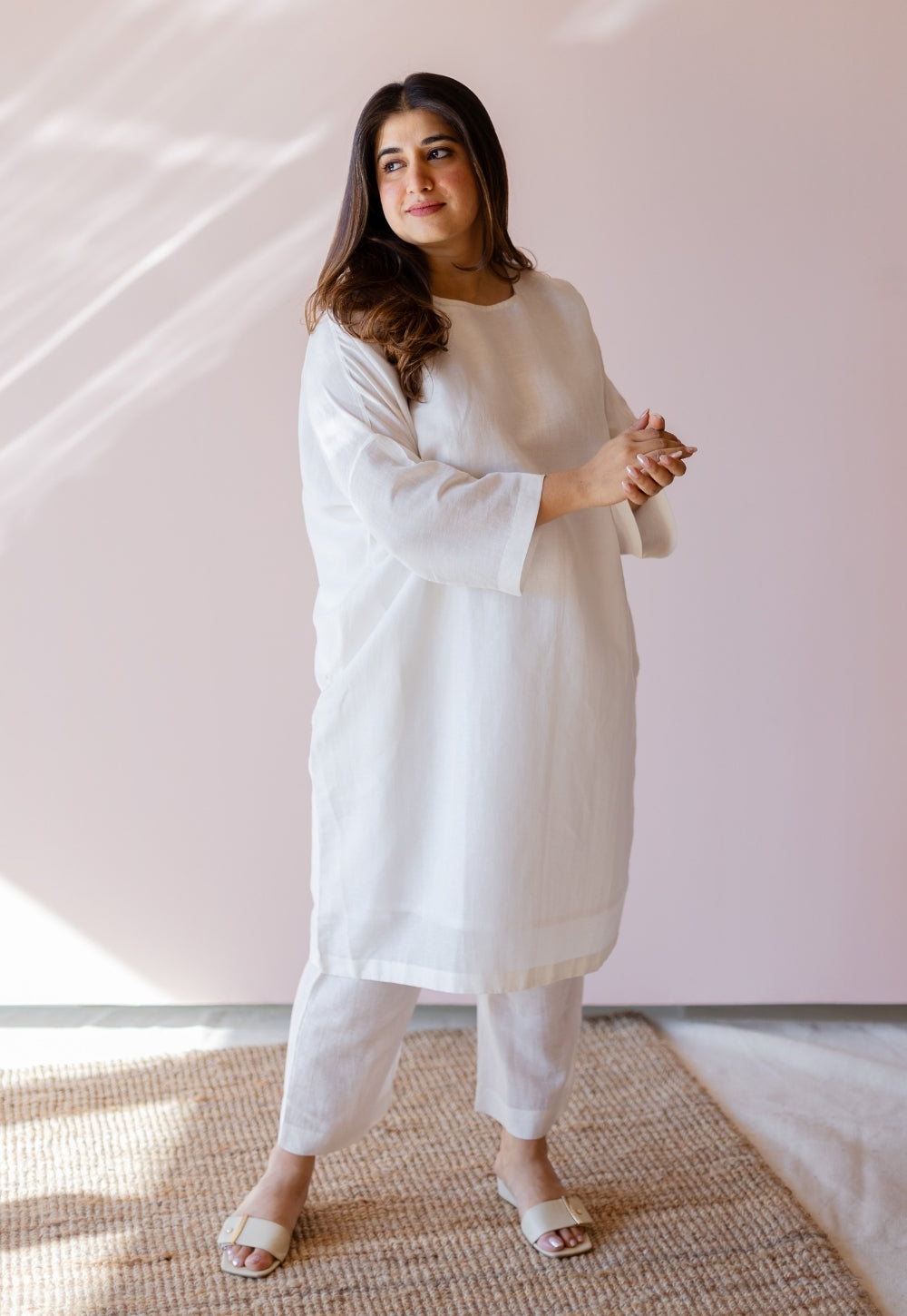 Prerna White Solid Handloom Cotton Linen Anti-Fit Kurta