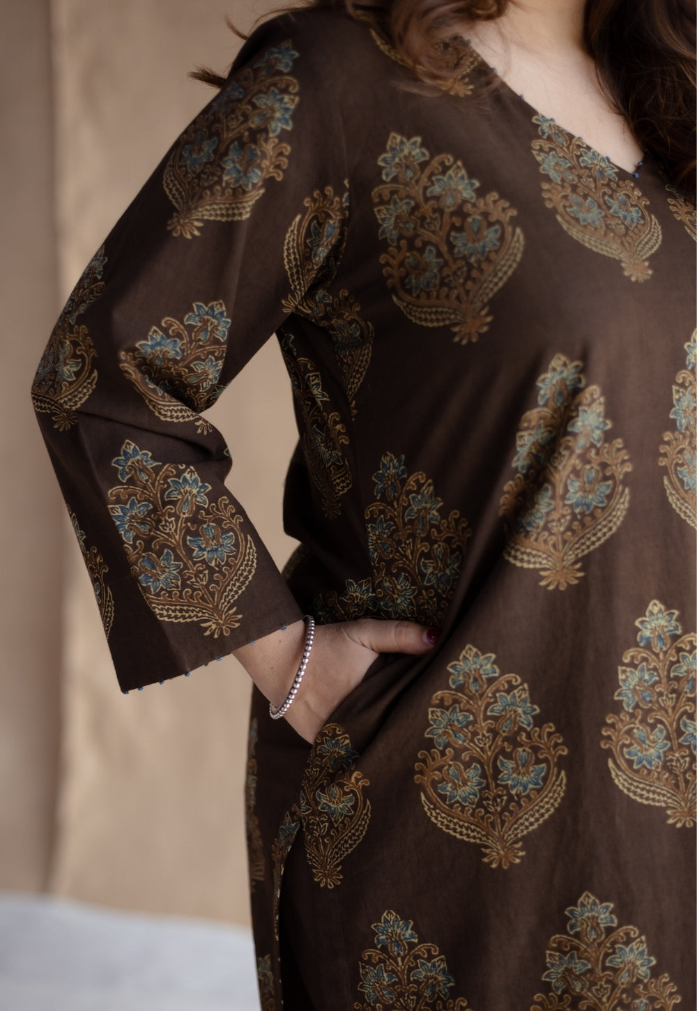 Juhi Brown Ajrakh Cotton Straight Kurta with Hand Embroidery