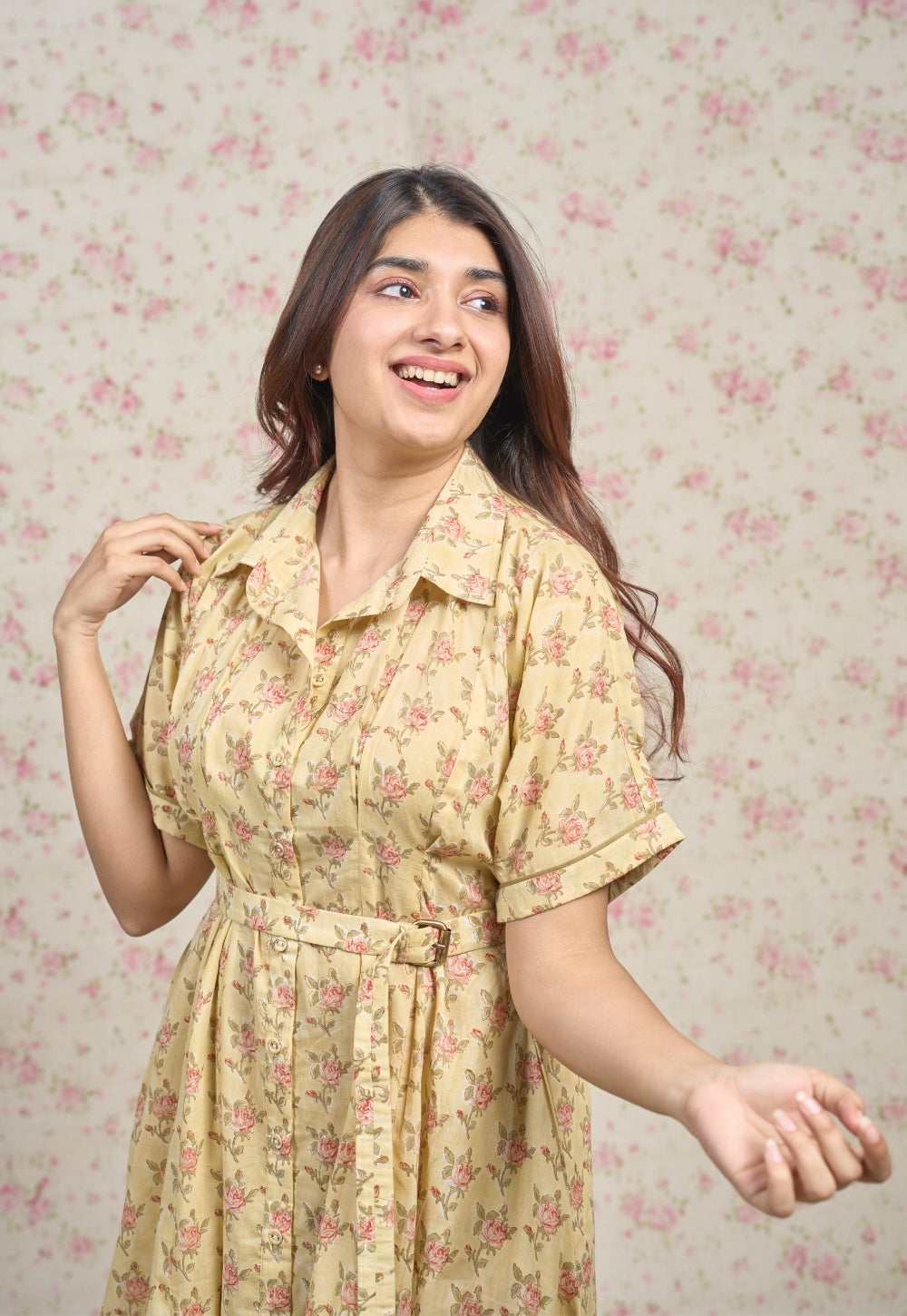 Zoe Yellow Sanganeri Mul Cotton A Line Dress