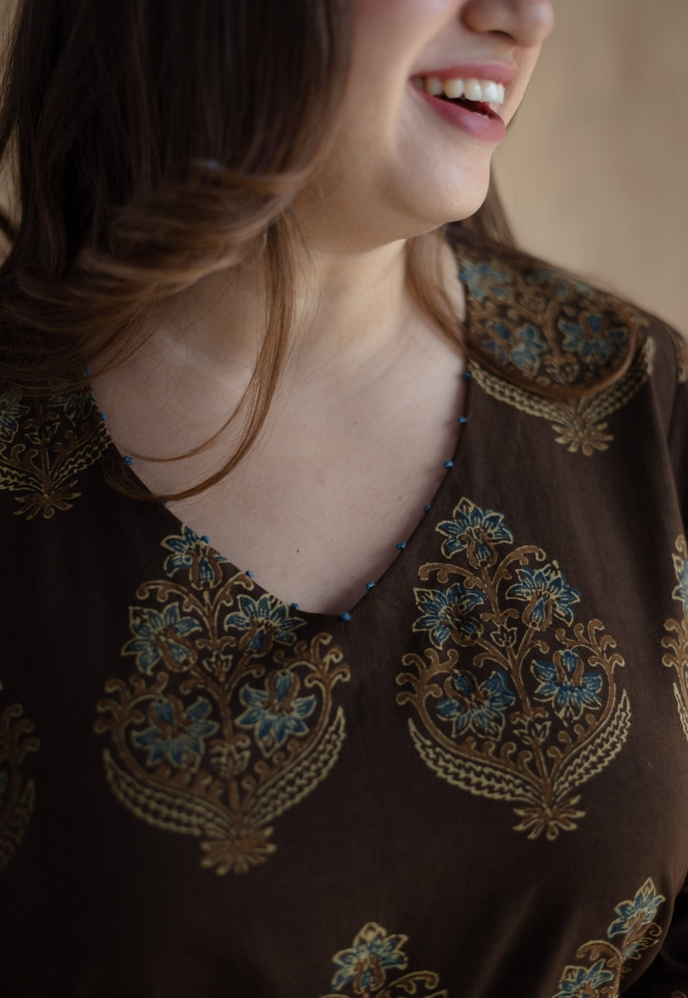 Juhi Brown Ajrakh Cotton Straight Kurta with Hand Embroidery