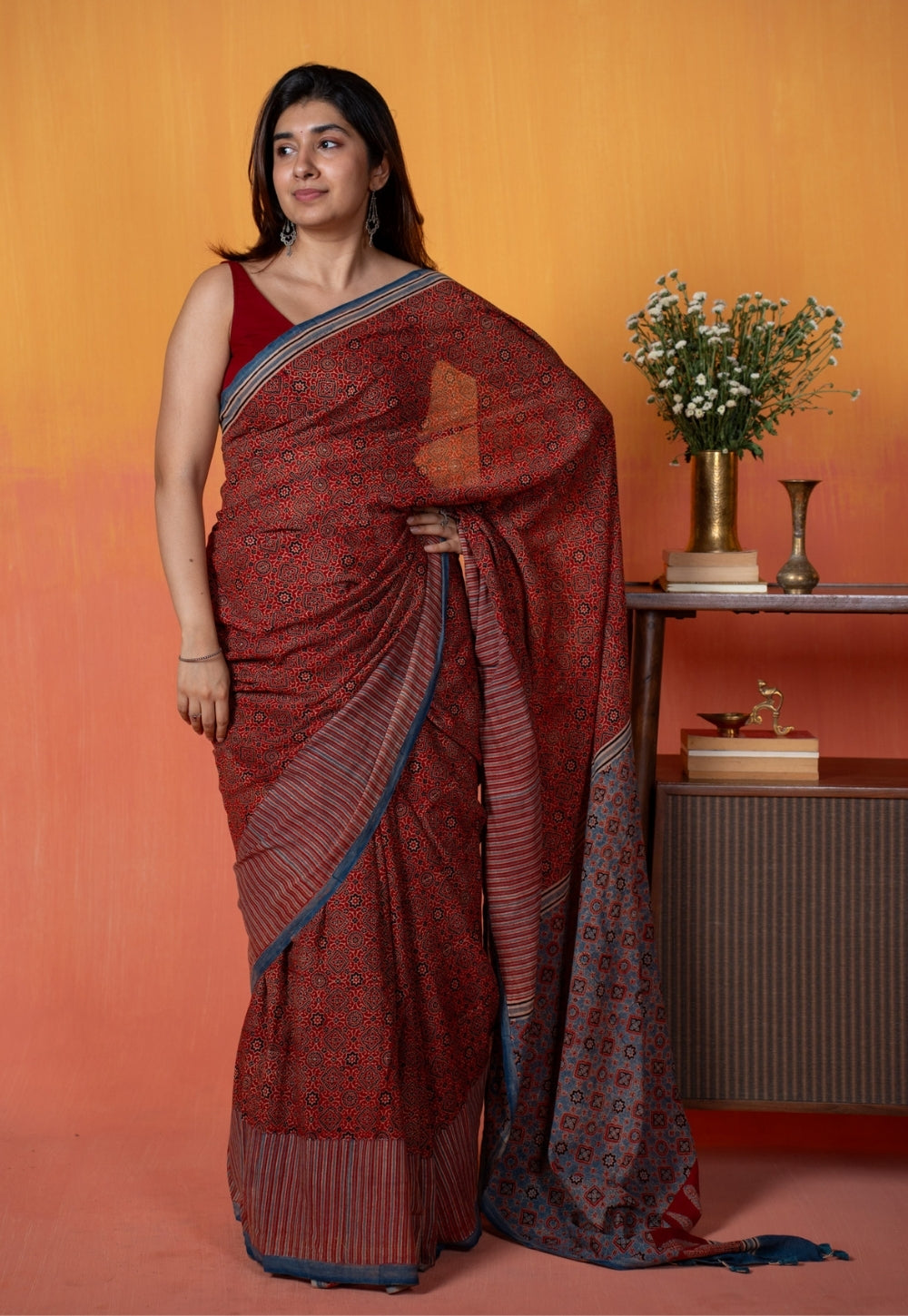 Red Geometric Jaal Ajrakh Hand Block Print Mul Saree