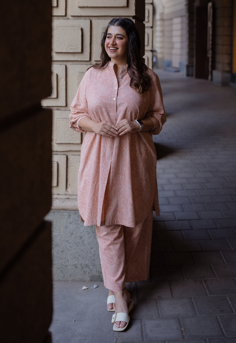 Riyah Peach Hand Block Print Slub Cotton A Line Kurta