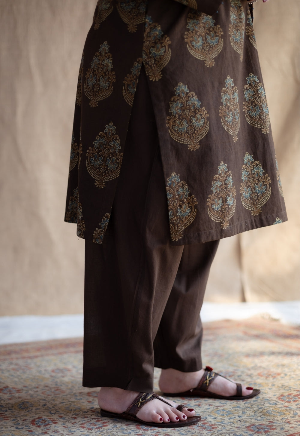 Juhi Brown Ajrakh Cotton Straight Kurta with Hand Embroidery