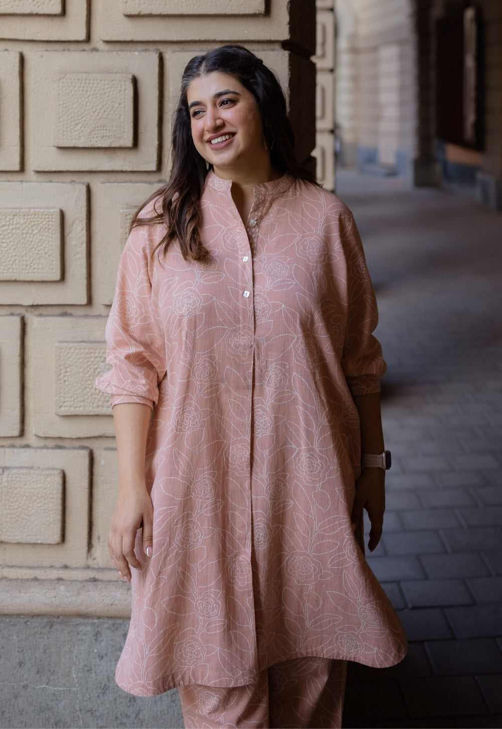 Riyah Peach Hand Block Print Slub Cotton A Line Kurta