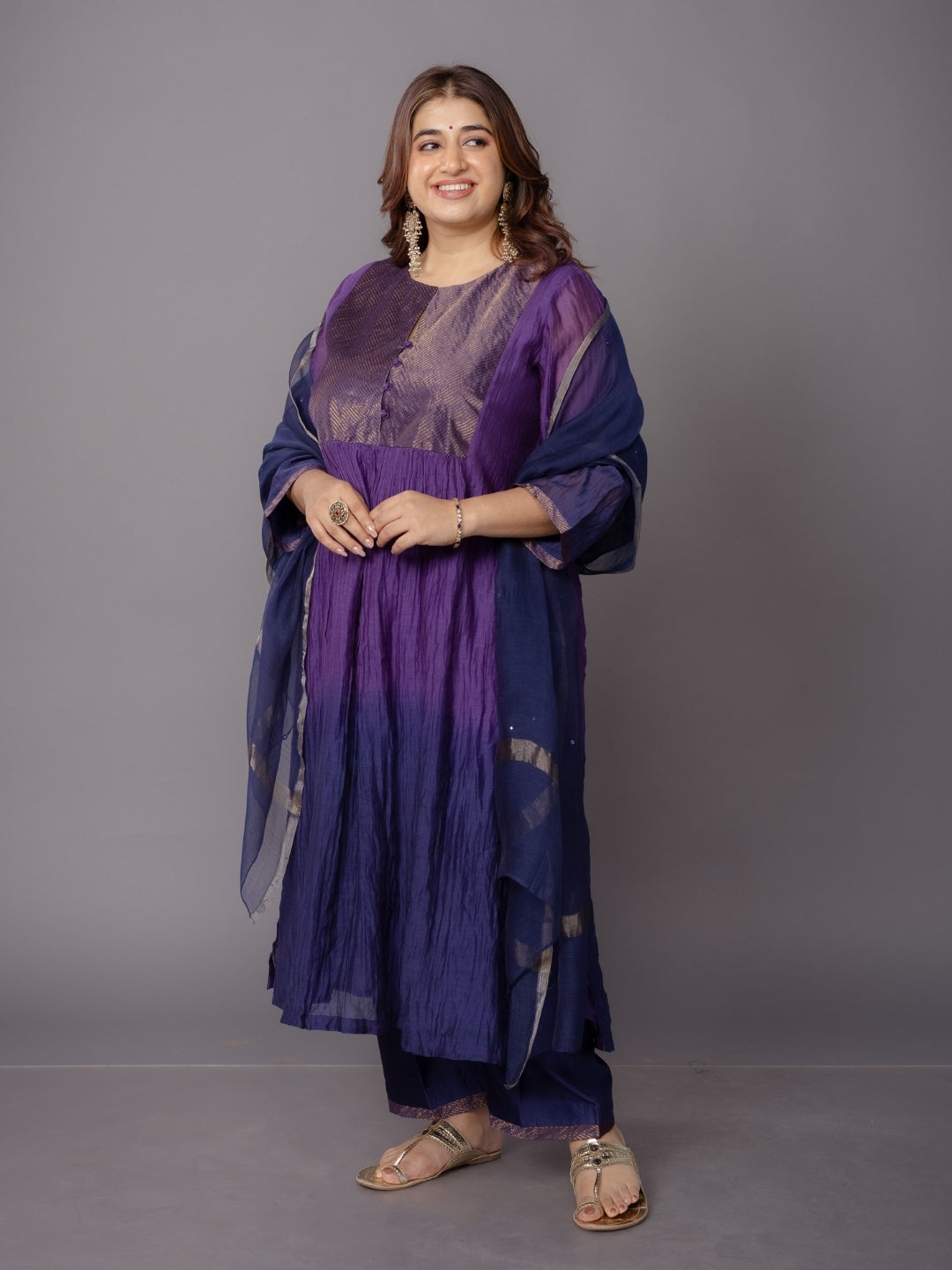 Navy Blue Solid Zari Silk Net Dupatta with Hand Embroidery