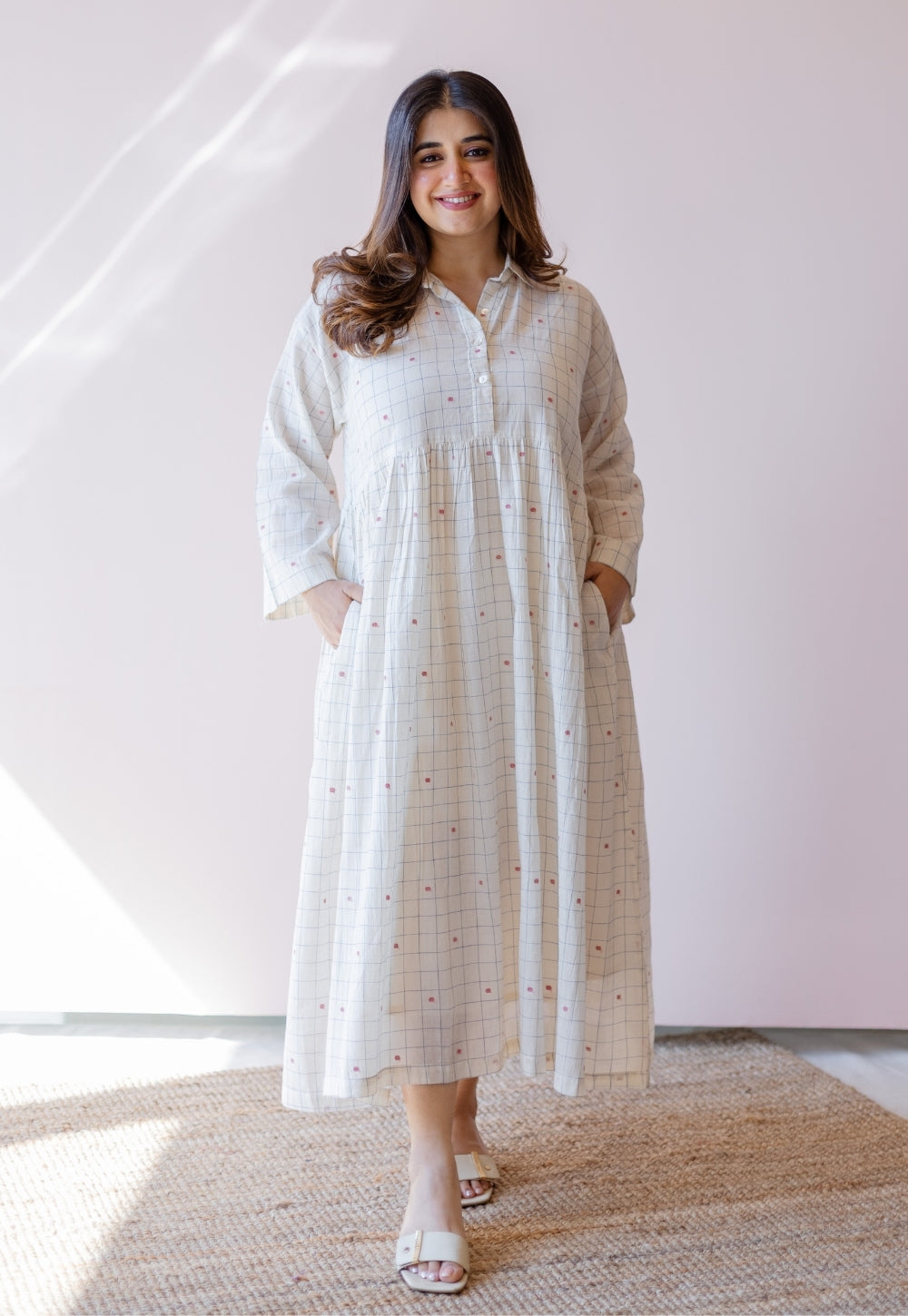 Maira Off White Jamdani Handloom Cotton A Line Dress