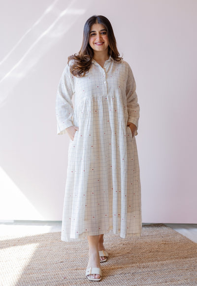 Maira Off White Jamdani Handloom Cotton A Line Dress