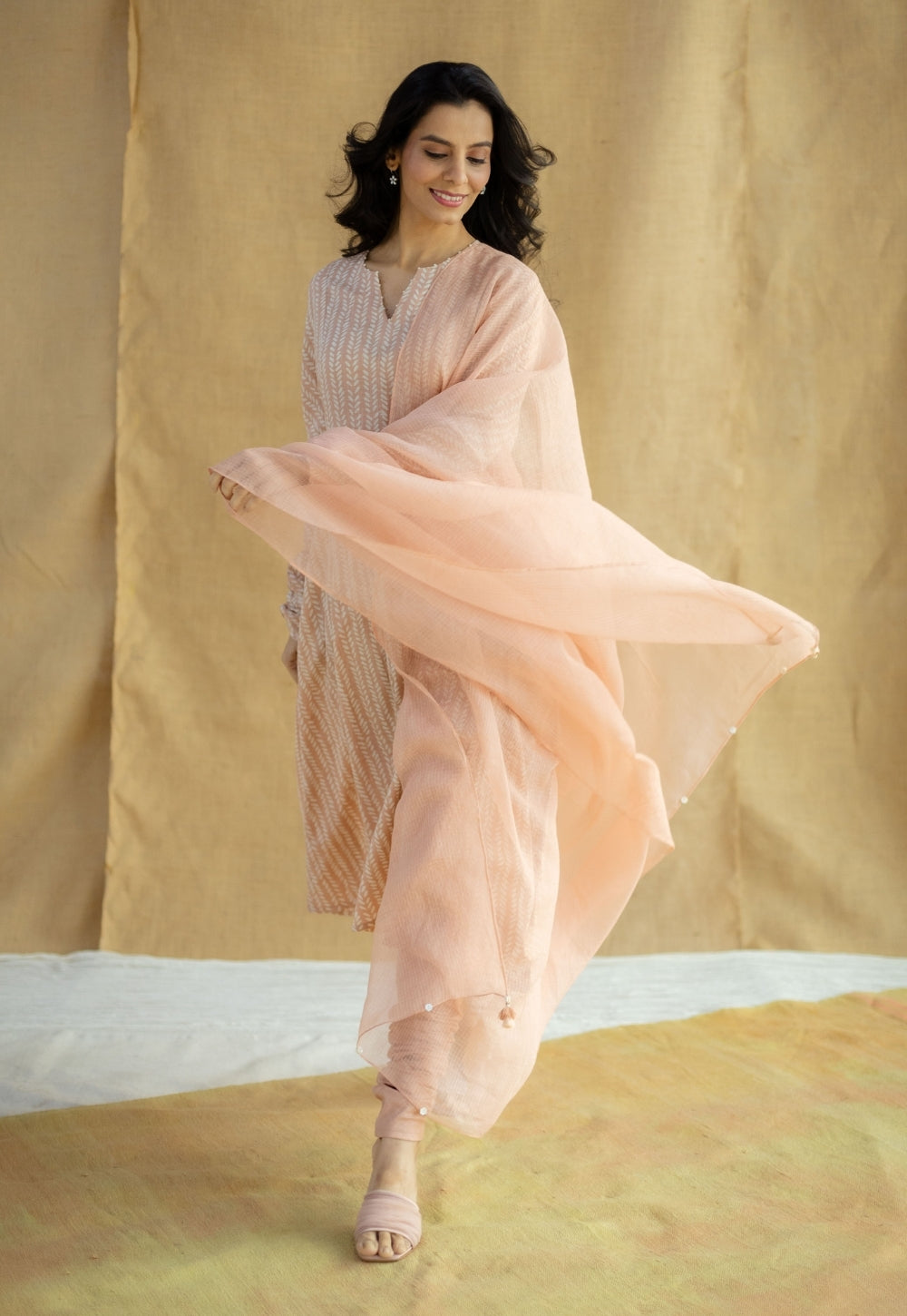 Peach Solid Cotton Kota Doria Dupatta