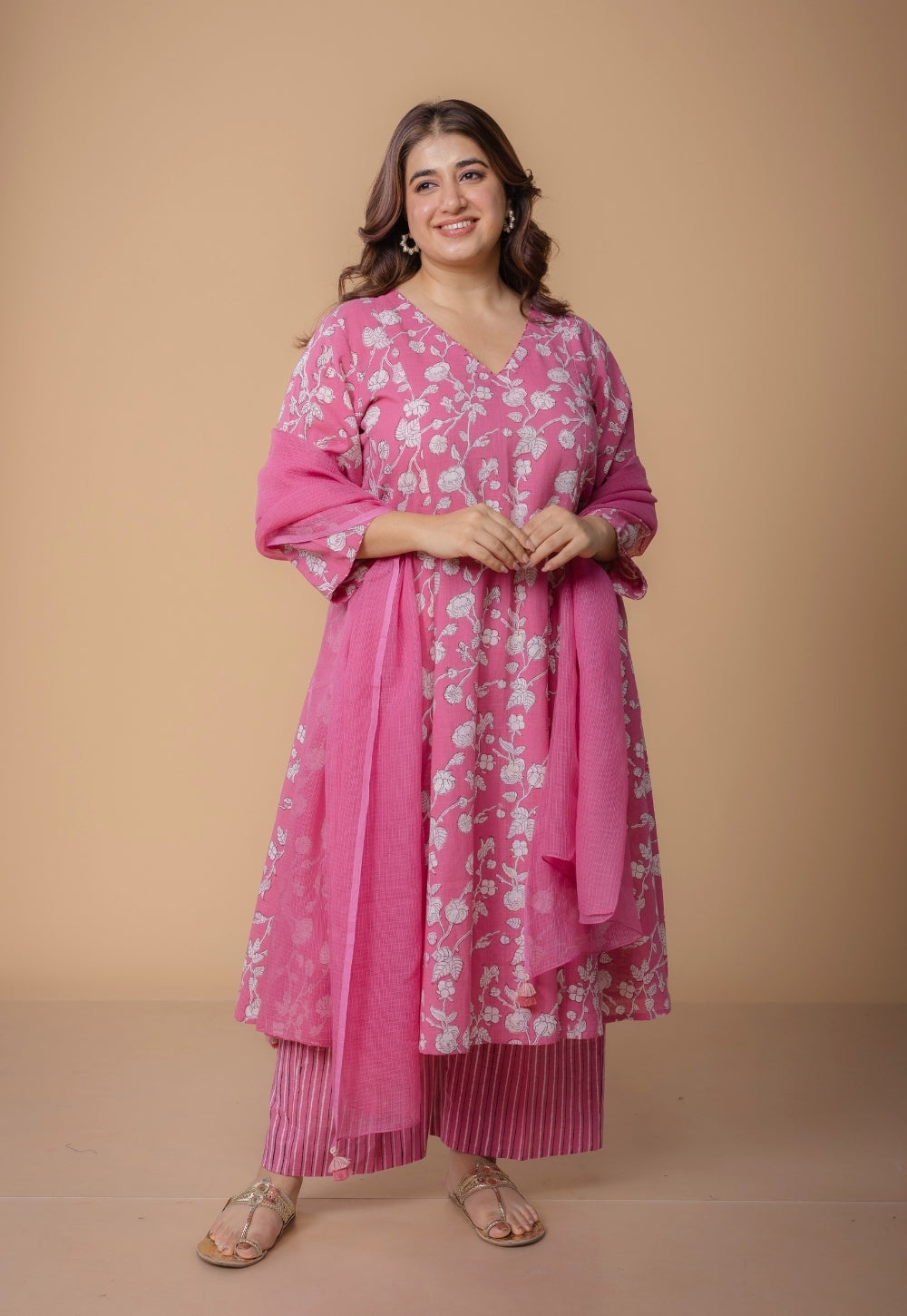 Karisma Pink Dabu Slub Cotton Kali Kurta