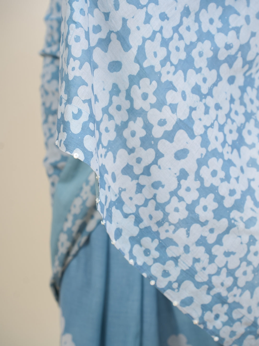 Warisha Blue Batik Hand Block Print Mul Cotton Saree with Embroidery