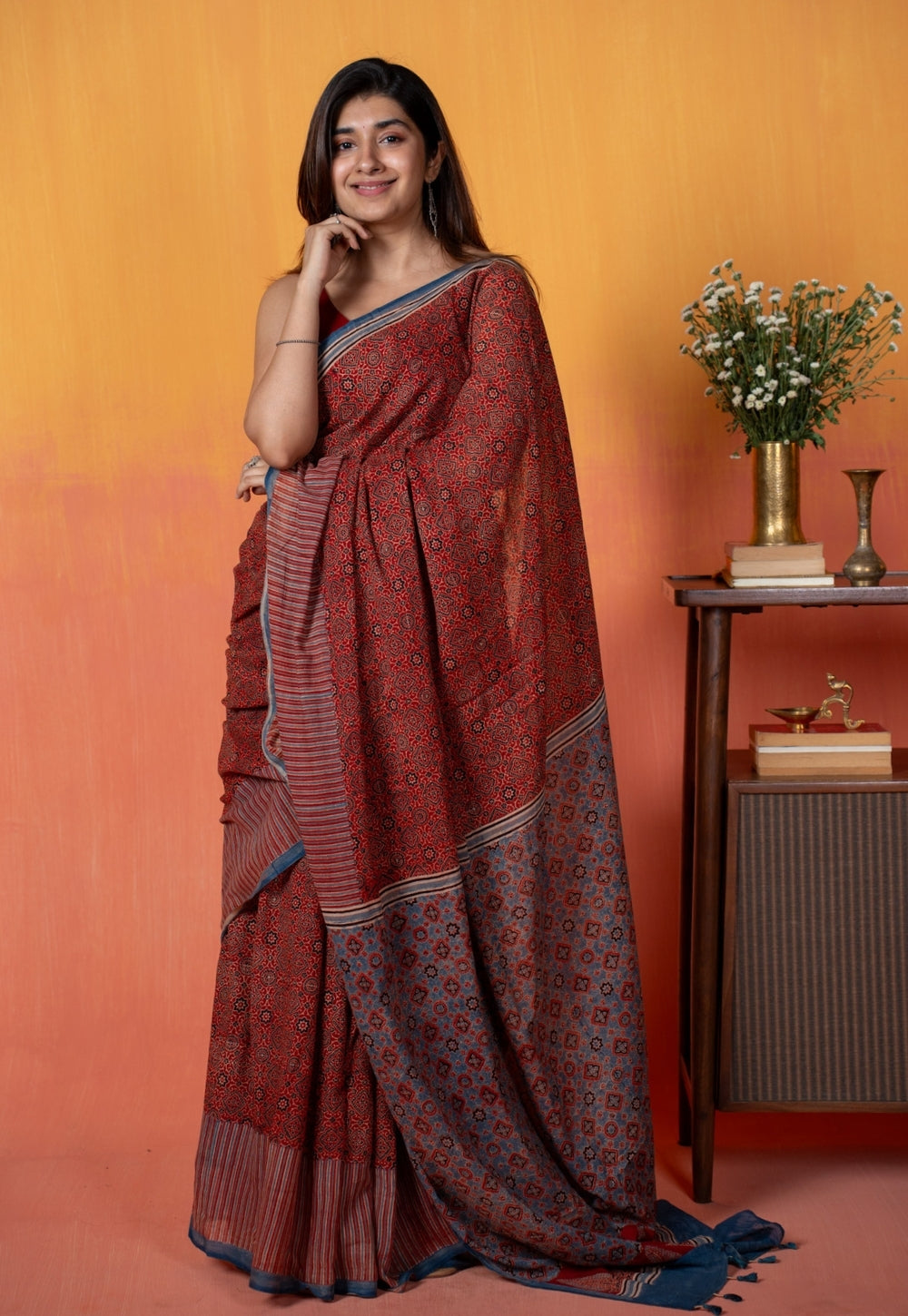 Red Geometric Jaal Ajrakh Hand Block Print Mul Saree