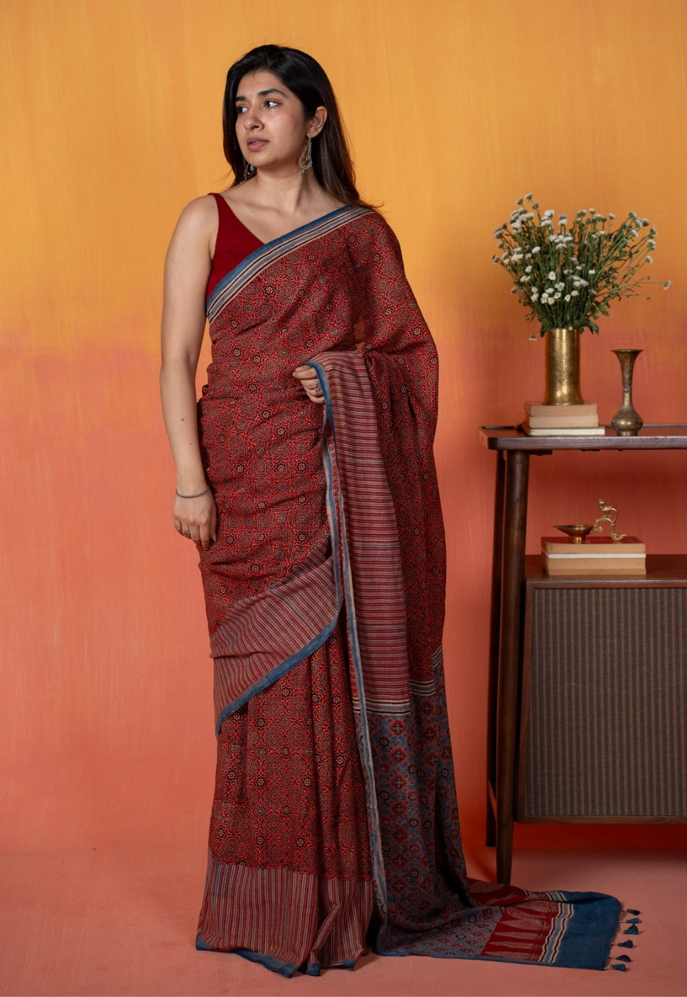 Red Geometric Jaal Ajrakh Hand Block Print Mul Saree
