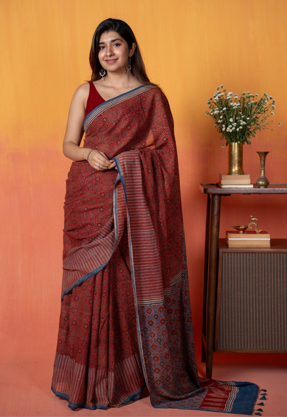 Red Geometric Jaal Ajrakh Hand Block Print Mul Saree