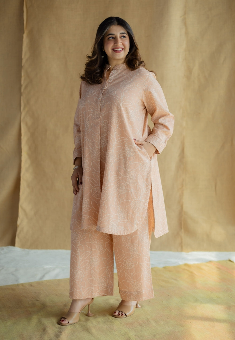 Riyah Peach Hand Block Print Slub Cotton A Line Kurta