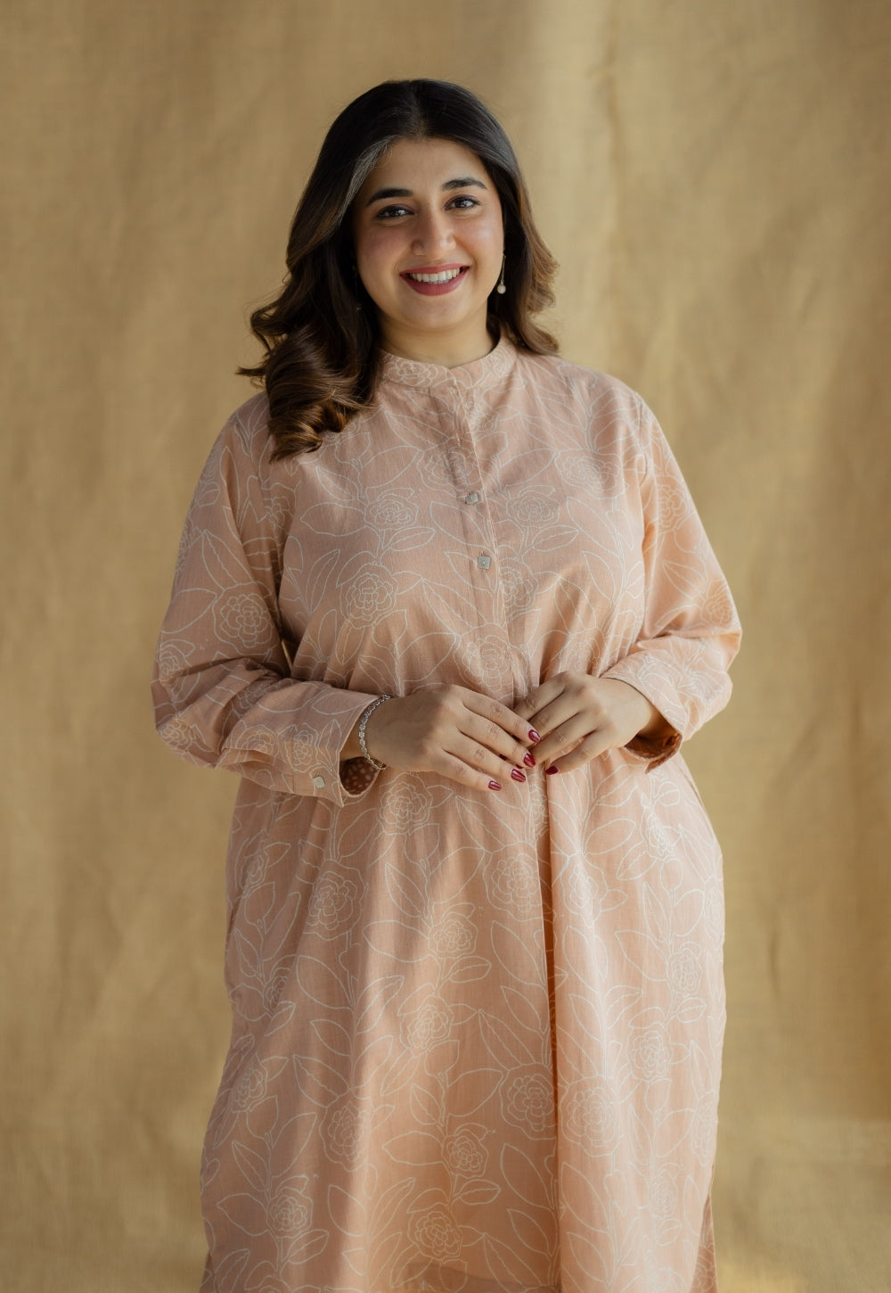 Riyah Peach Hand Block Print Slub Cotton A Line Kurta