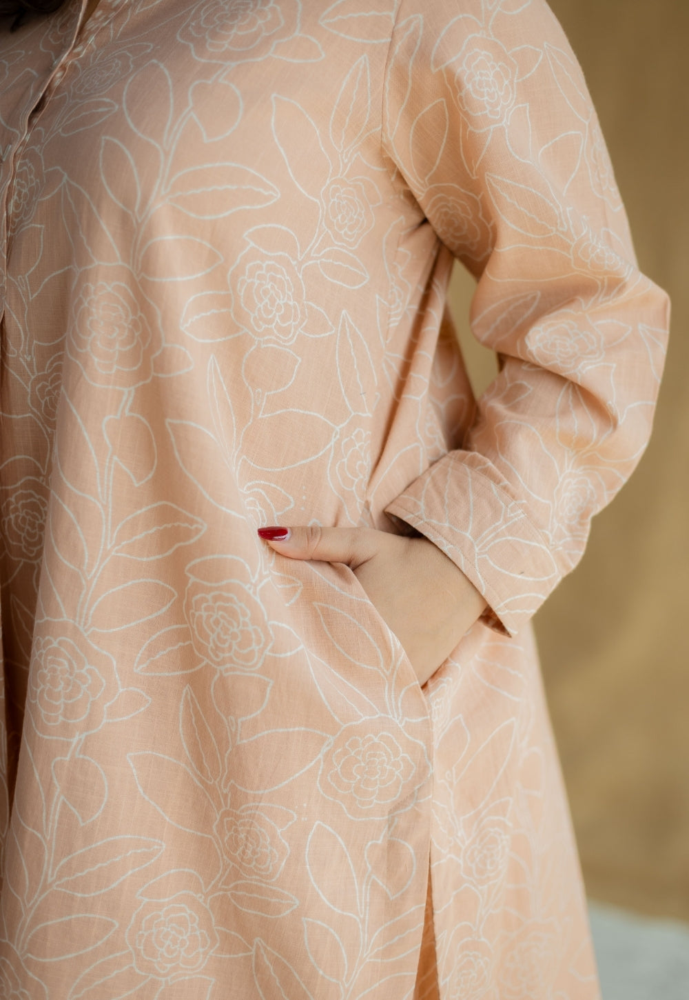 Riyah Peach Hand Block Print Slub Cotton A Line Kurta