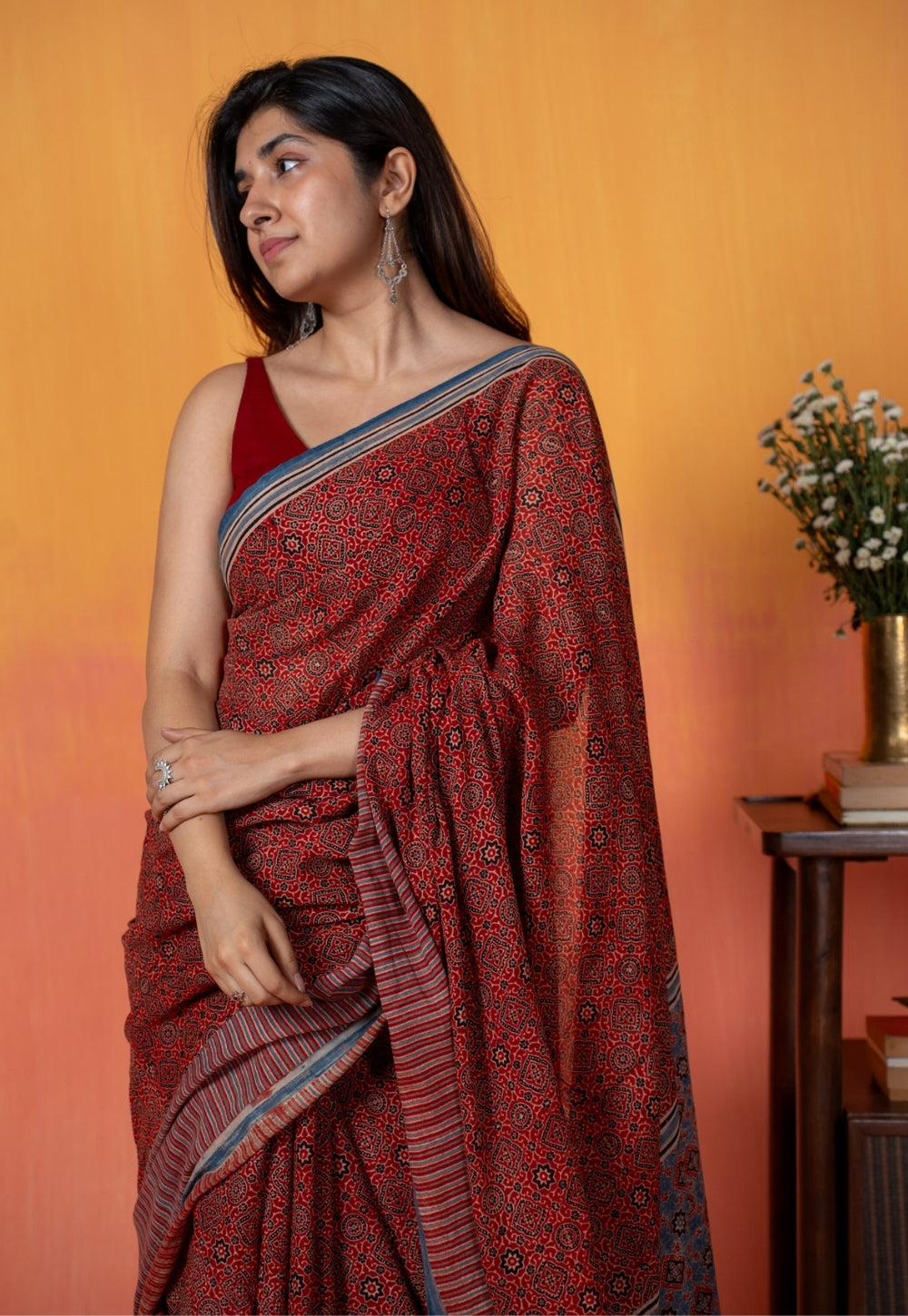 Red Geometric Jaal Ajrakh Hand Block Print Mul Saree