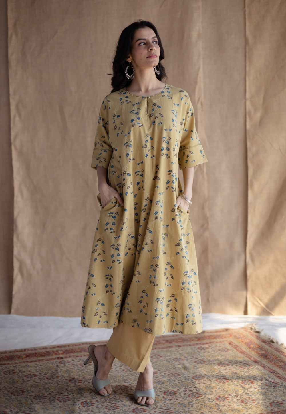 Indian Ethnic Women's Anu Yellow Ajrakh Cotton A Line Kurta with Hand Embroidery L