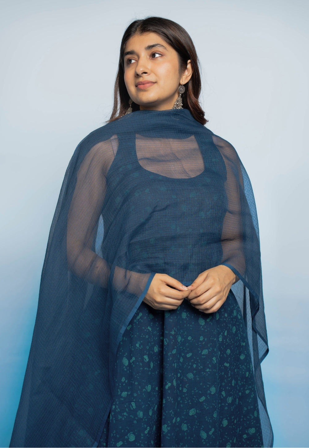 Blue Solid Kota Doria Cotton Dupatta with Tassels