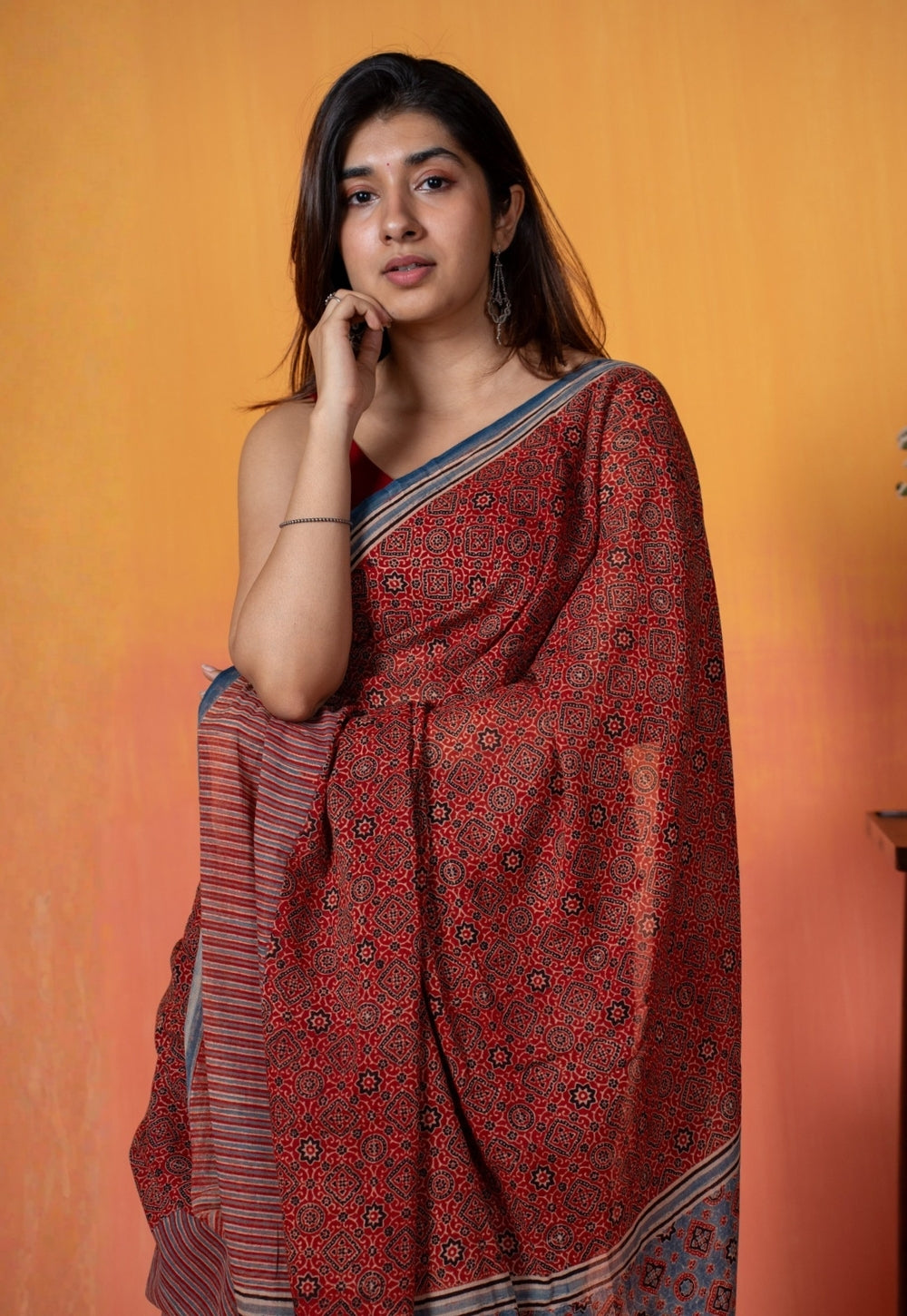 Red Geometric Jaal Ajrakh Hand Block Print Mul Saree
