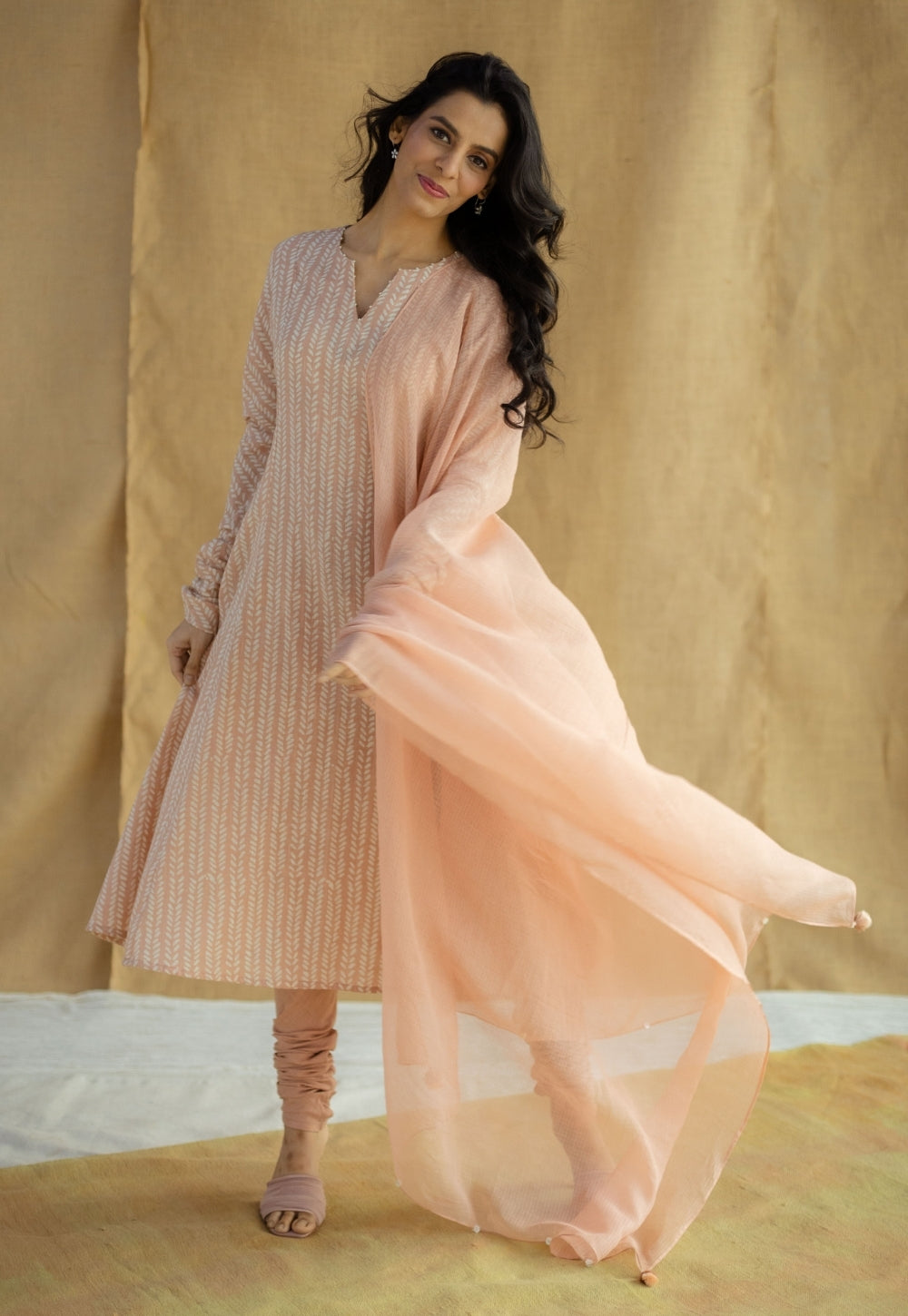 Peach Solid Cotton Kota Doria Dupatta