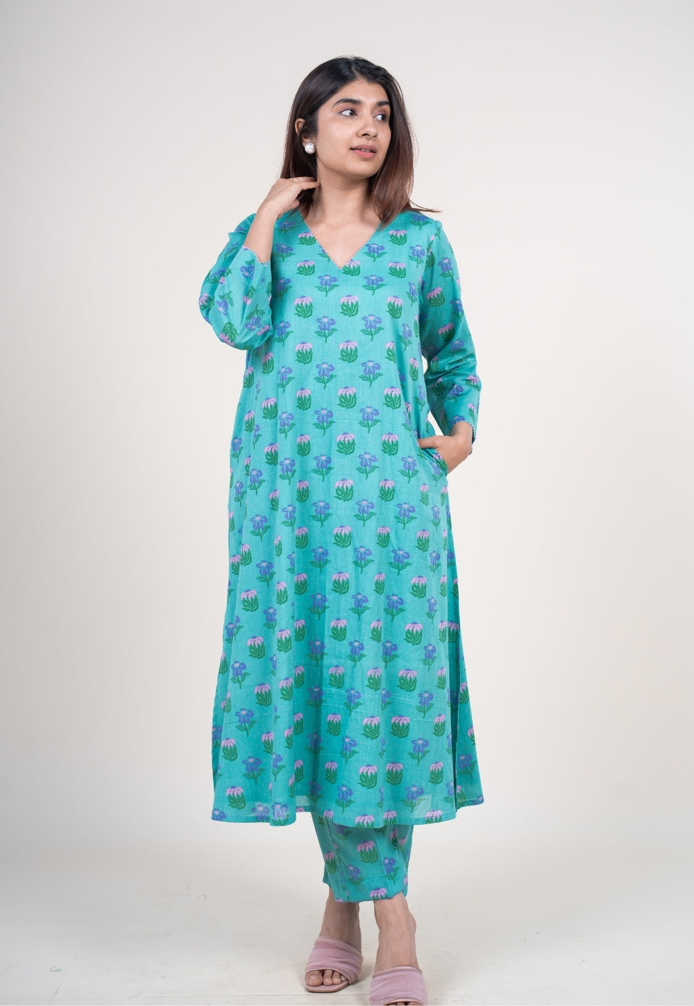 Neel Teal Blue Printed Mul A Line Kurta with Hand Embroidery