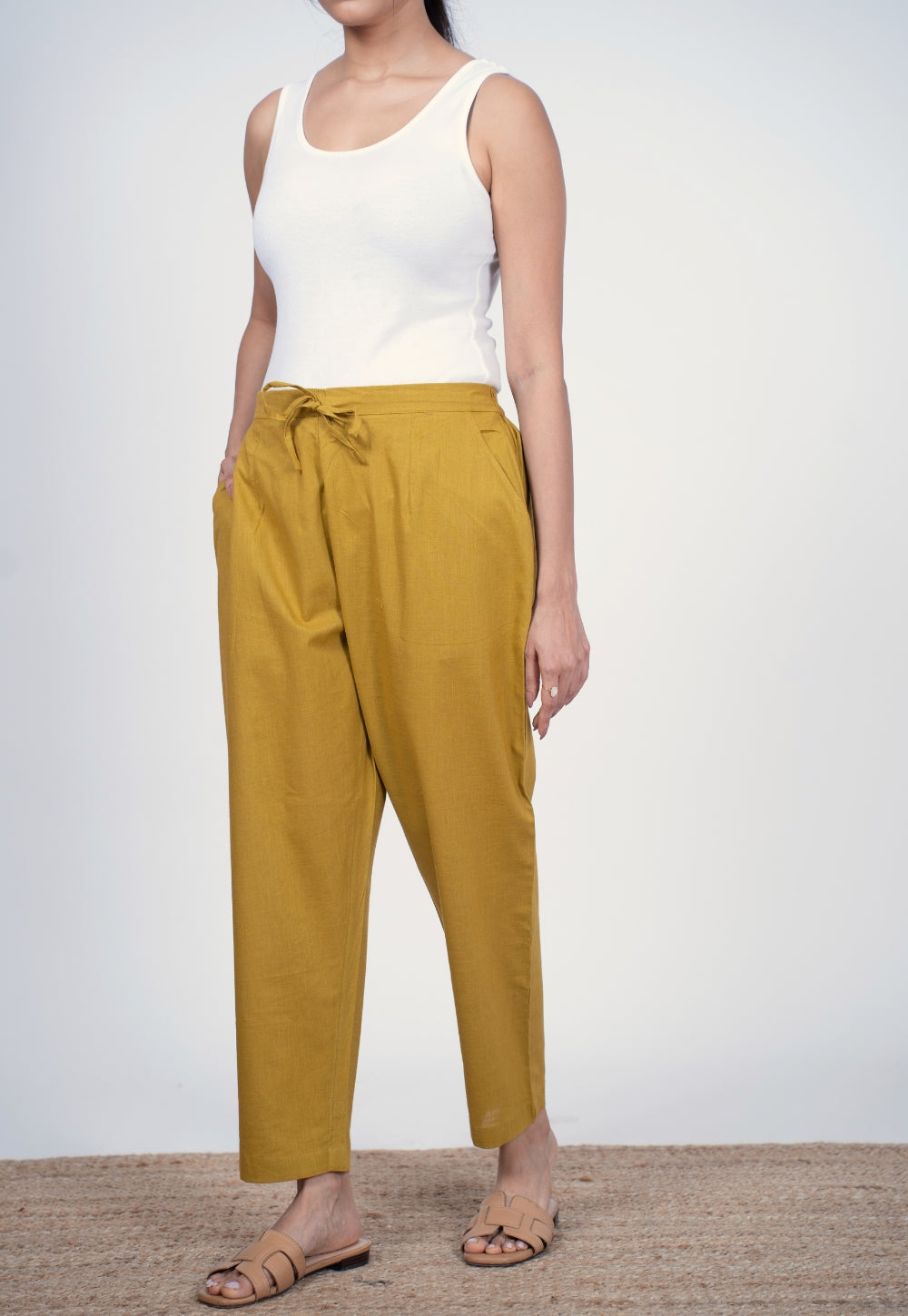 Yashi Yellow Solid Slub Cotton Straight Pant
