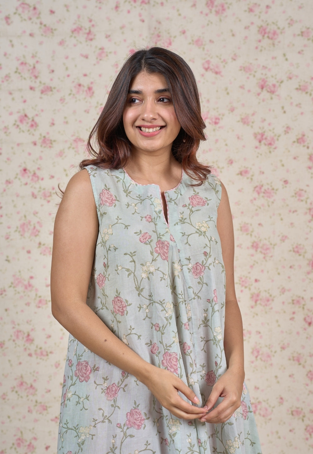 Flora Blue Sanganeri Mul Cotton A Line Kurta