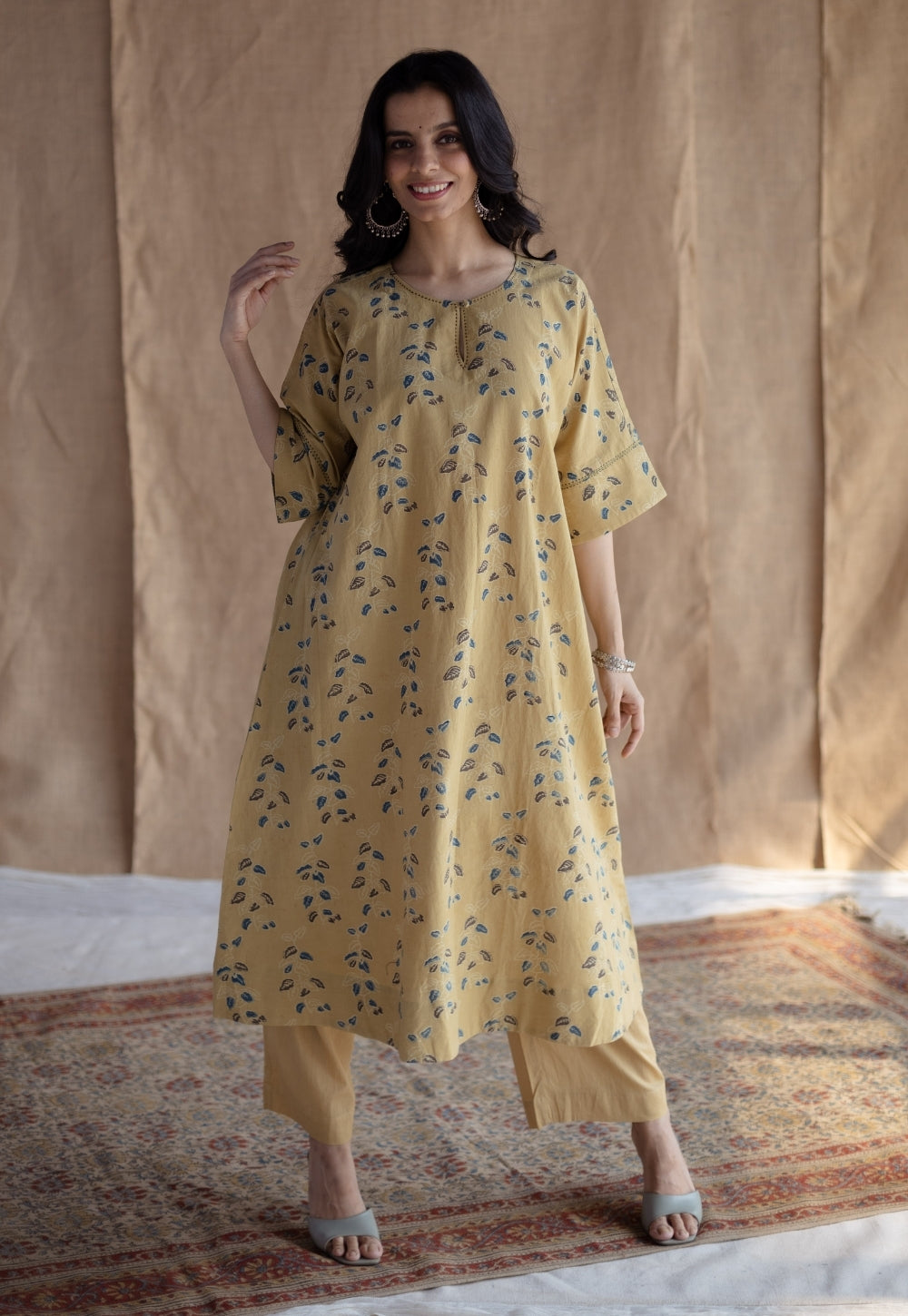 Anu Yellow Ajrakh Cotton A Line Kurta Set (Set of 2)