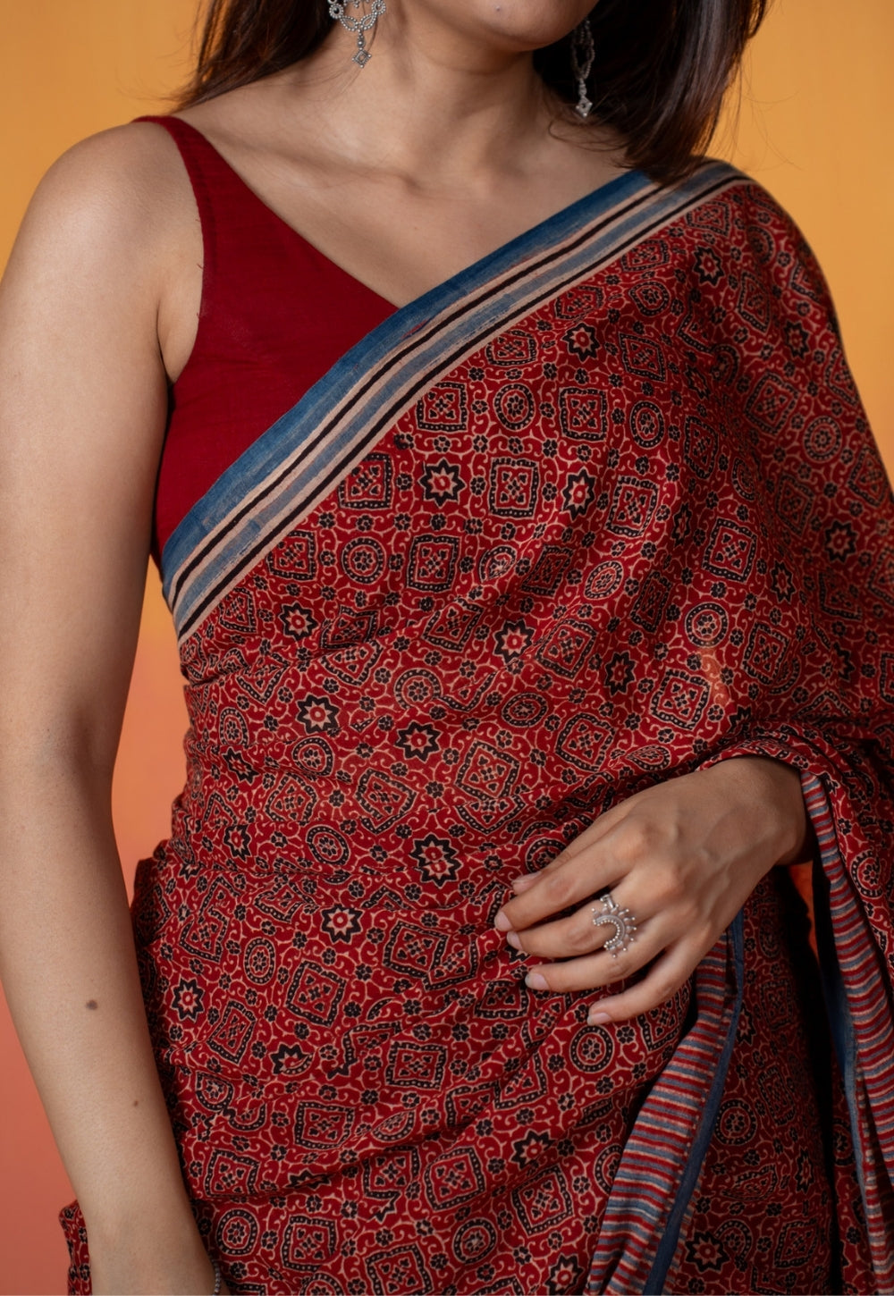Red Geometric Jaal Ajrakh Hand Block Print Mul Saree