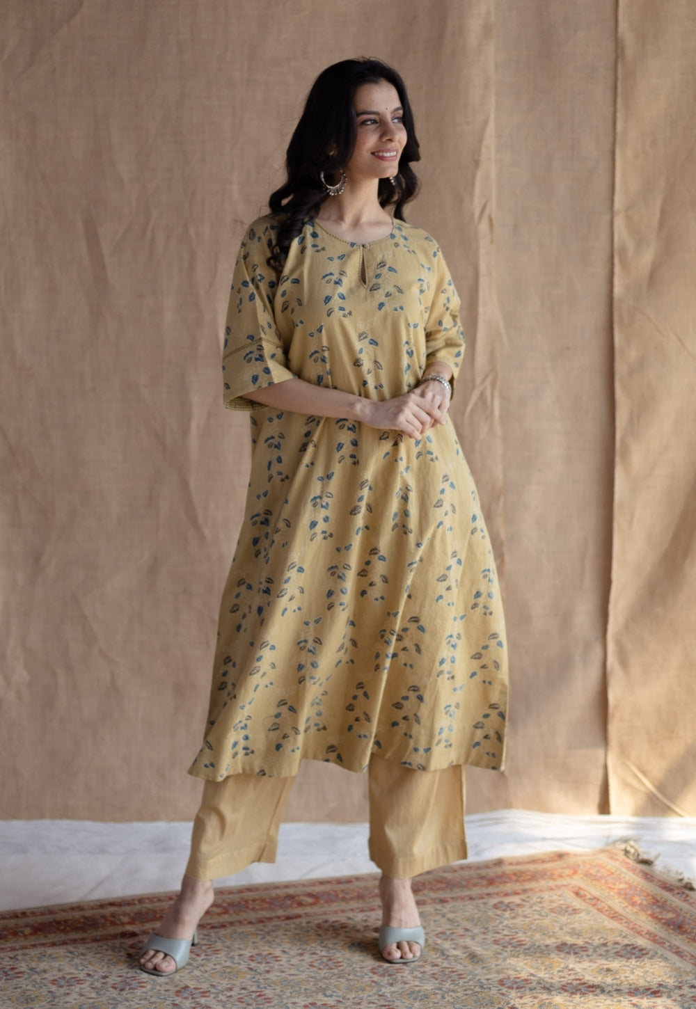 Anu Yellow Ajrakh Cotton A Line Kurta Set (Set of 2)