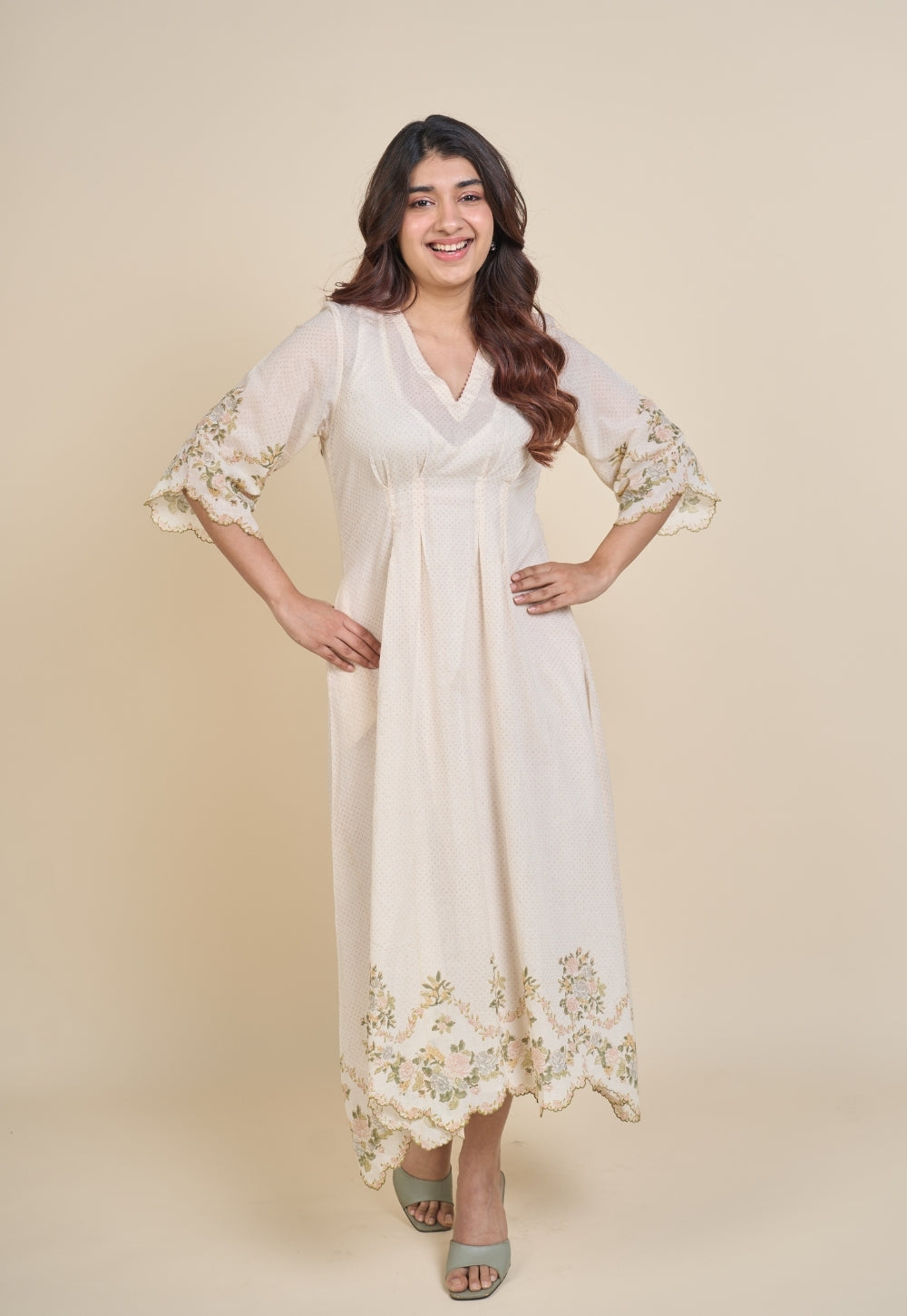 Zia White Sanganeri Mul Cotton A Line Dress