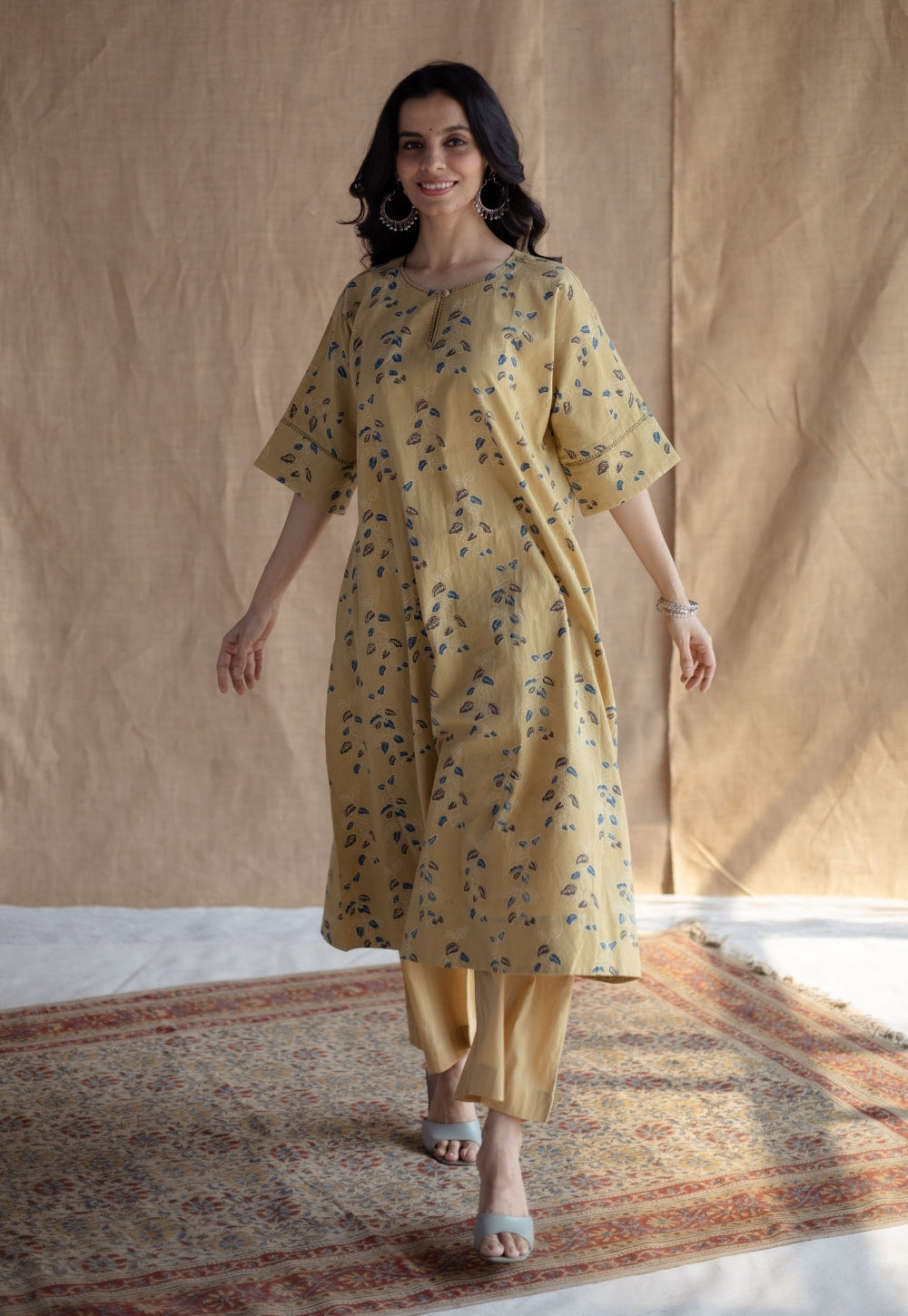 Anu Yellow Ajrakh Cotton A Line Kurta Set (Set of 2)