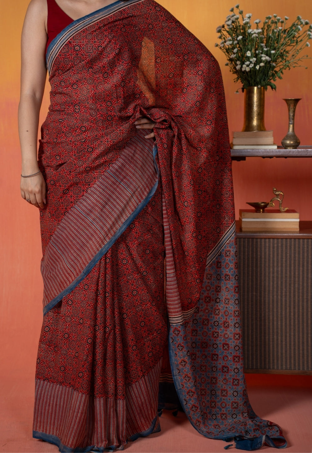 Red Geometric Jaal Ajrakh Hand Block Print Mul Saree