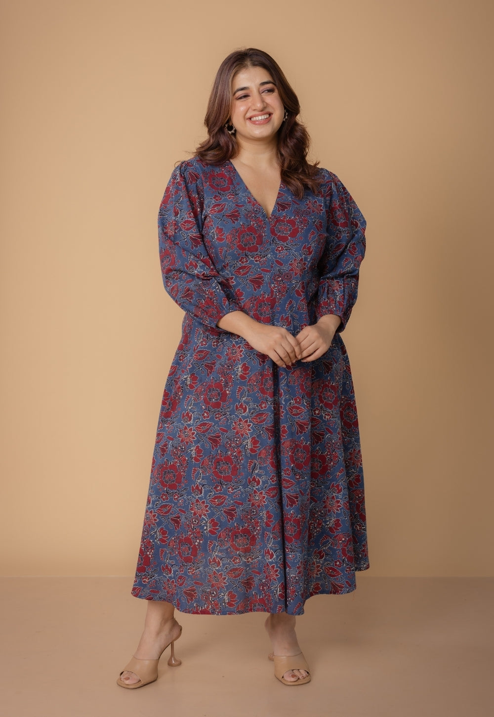 Eyza Blue Dabu Slub Cotton A Line Dress