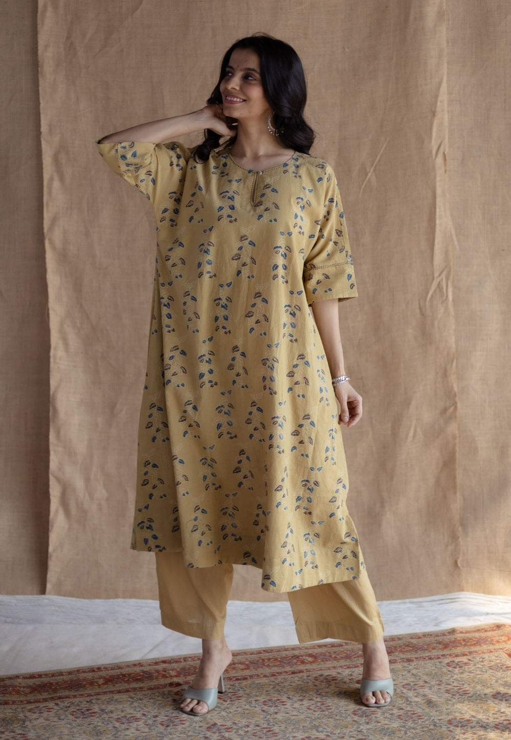 Anu Yellow Ajrakh Cotton A Line Kurta Set (Set of 2)