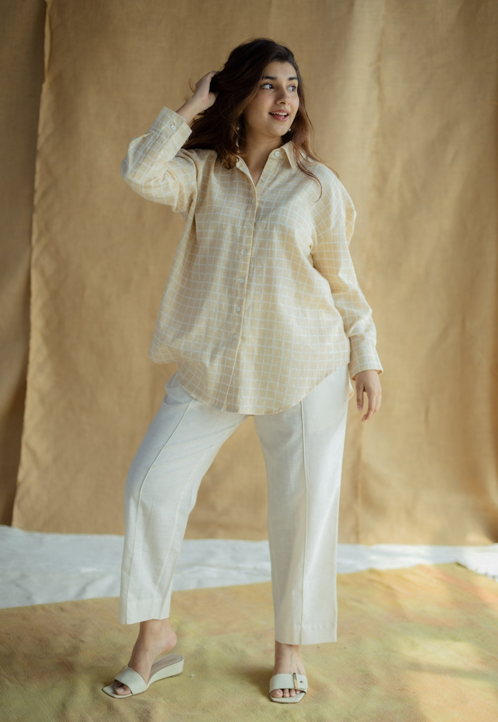 Ruhi Cream Hand Block Print Slub Cotton Anti-Fit Shirt