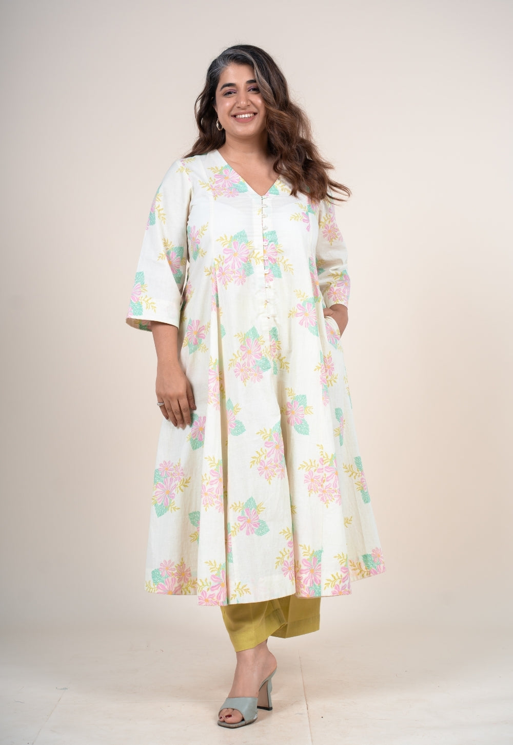 Raaya Off White Printed Cotton Kali Kurta