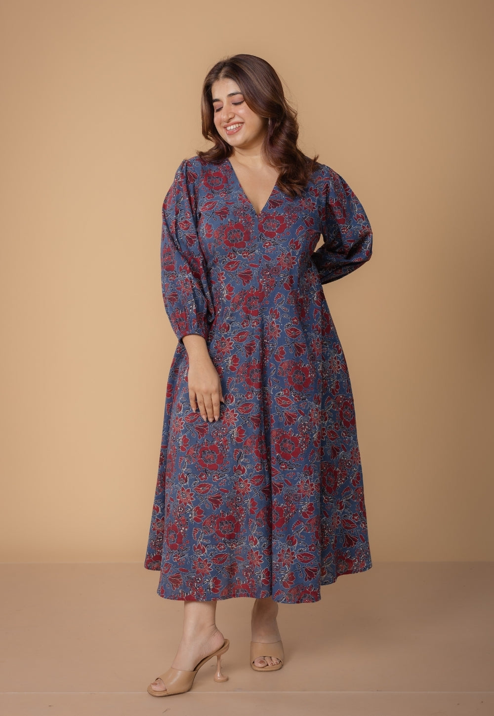 Eyza Blue Dabu Slub Cotton A Line Dress
