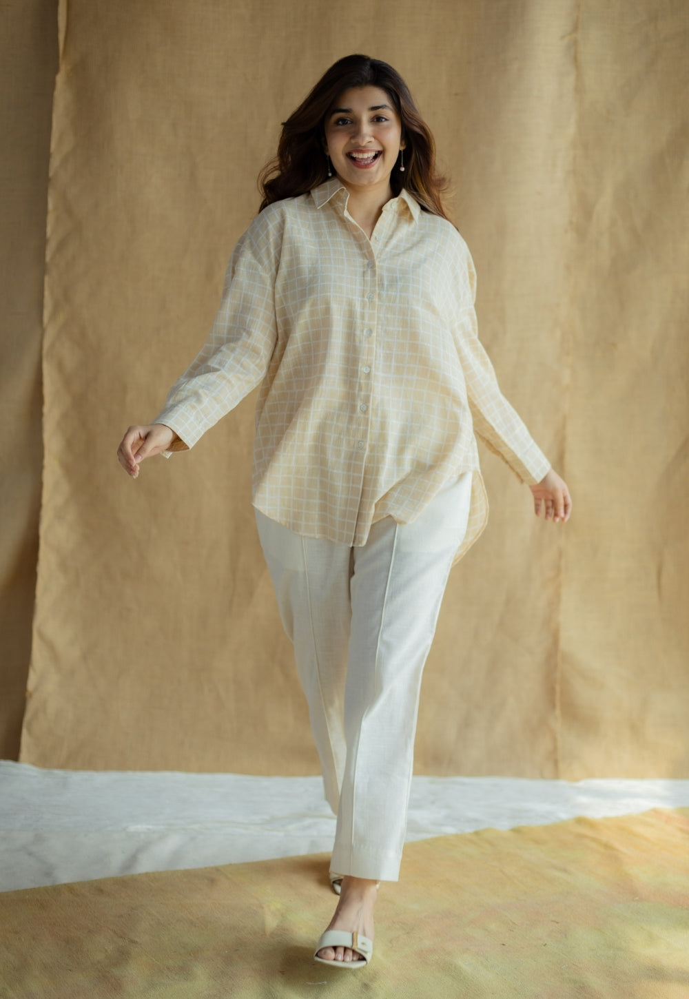 Ruhi Cream Hand Block Print Slub Cotton Anti-Fit Shirt