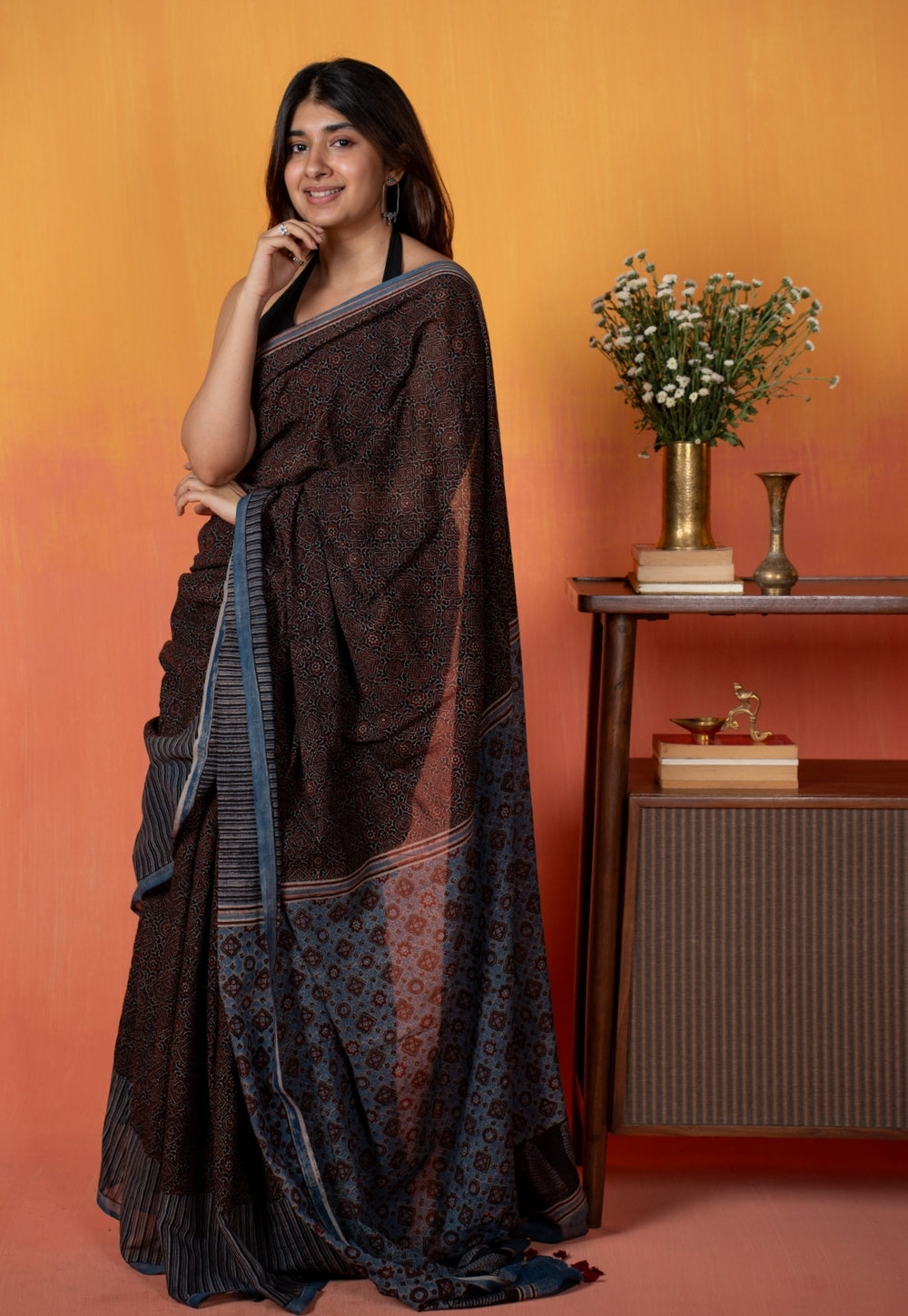 Black Geometric Jaal Ajrakh Hand Block Print Mul Saree