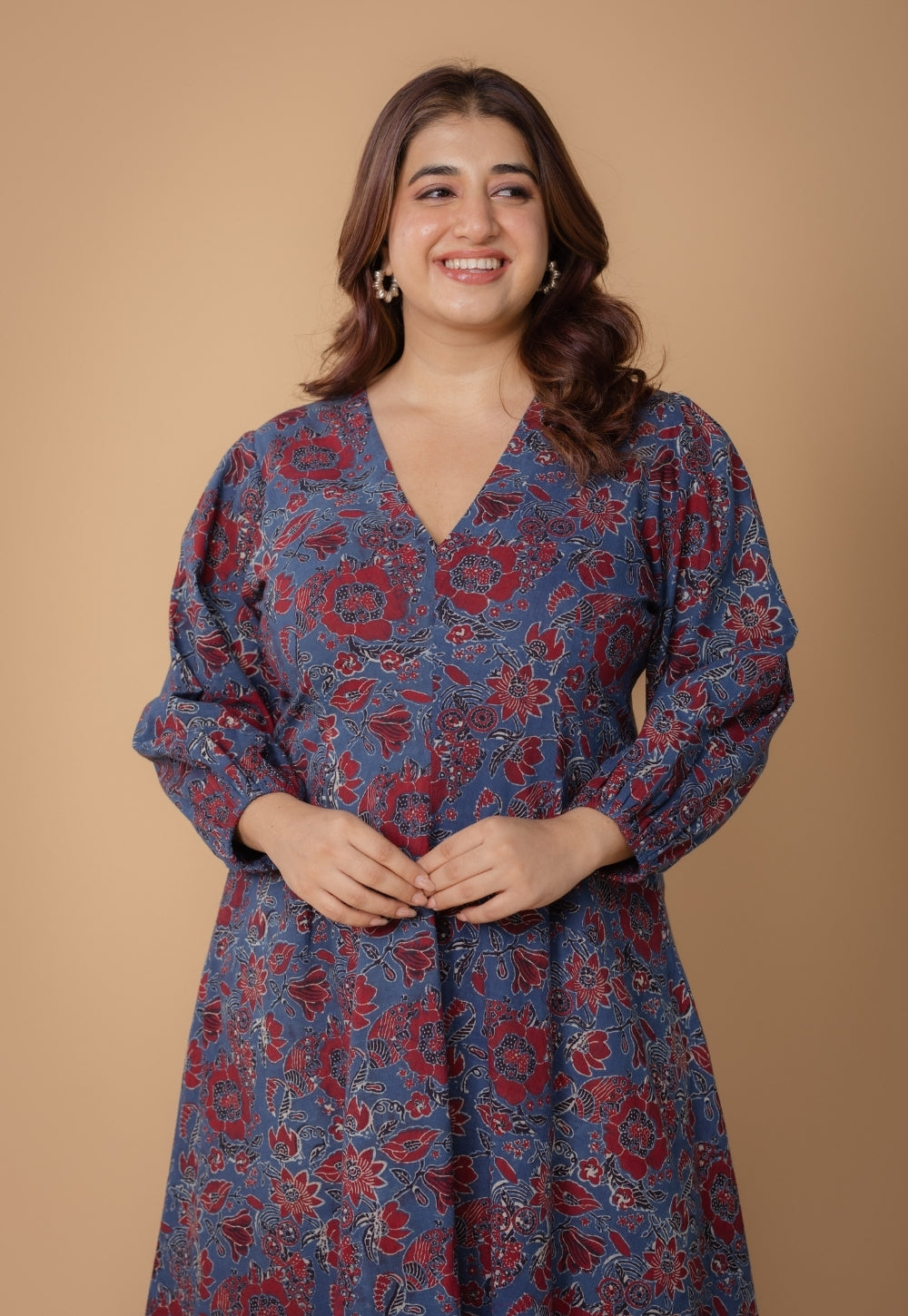 Eyza Blue Dabu Slub Cotton A Line Dress