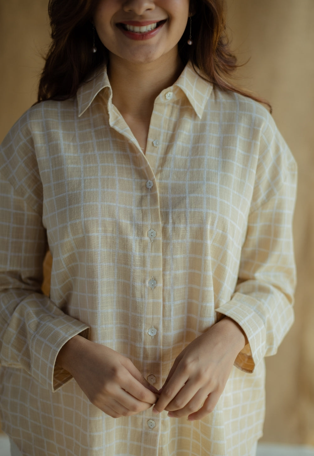 Ruhi Cream Hand Block Print Slub Cotton Anti-Fit Shirt